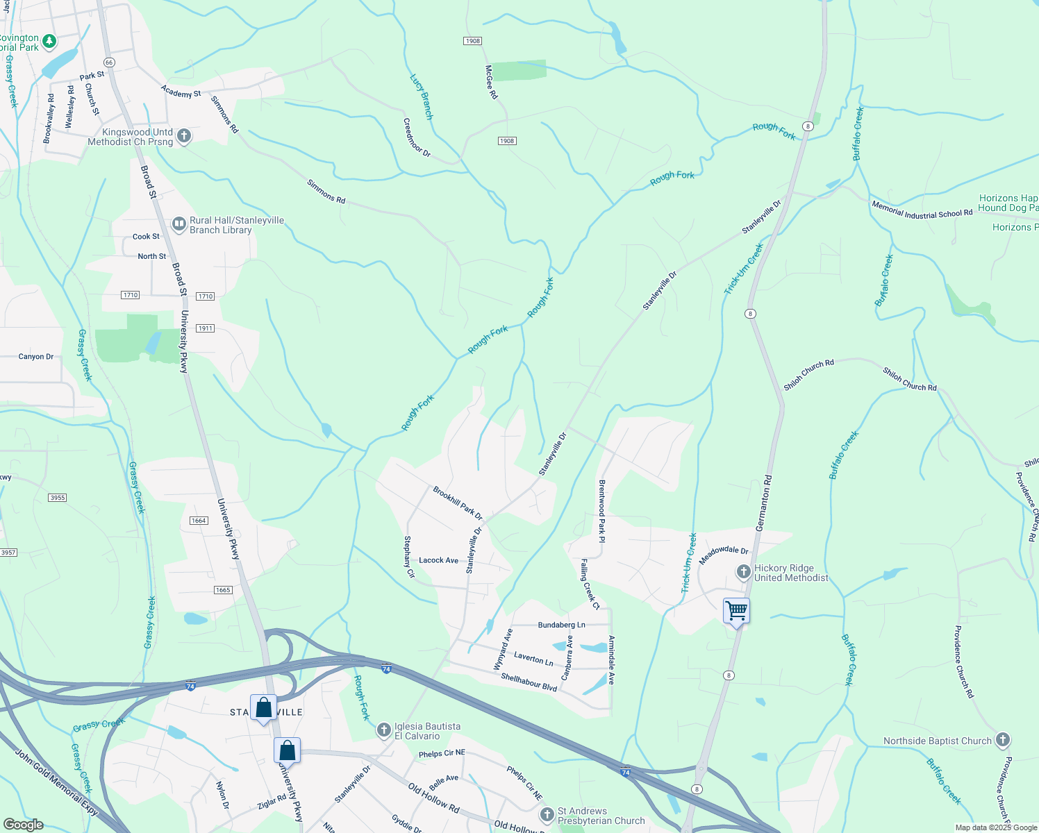 map of restaurants, bars, coffee shops, grocery stores, and more near 1148 Ridgecliff Drive in Rural Hall