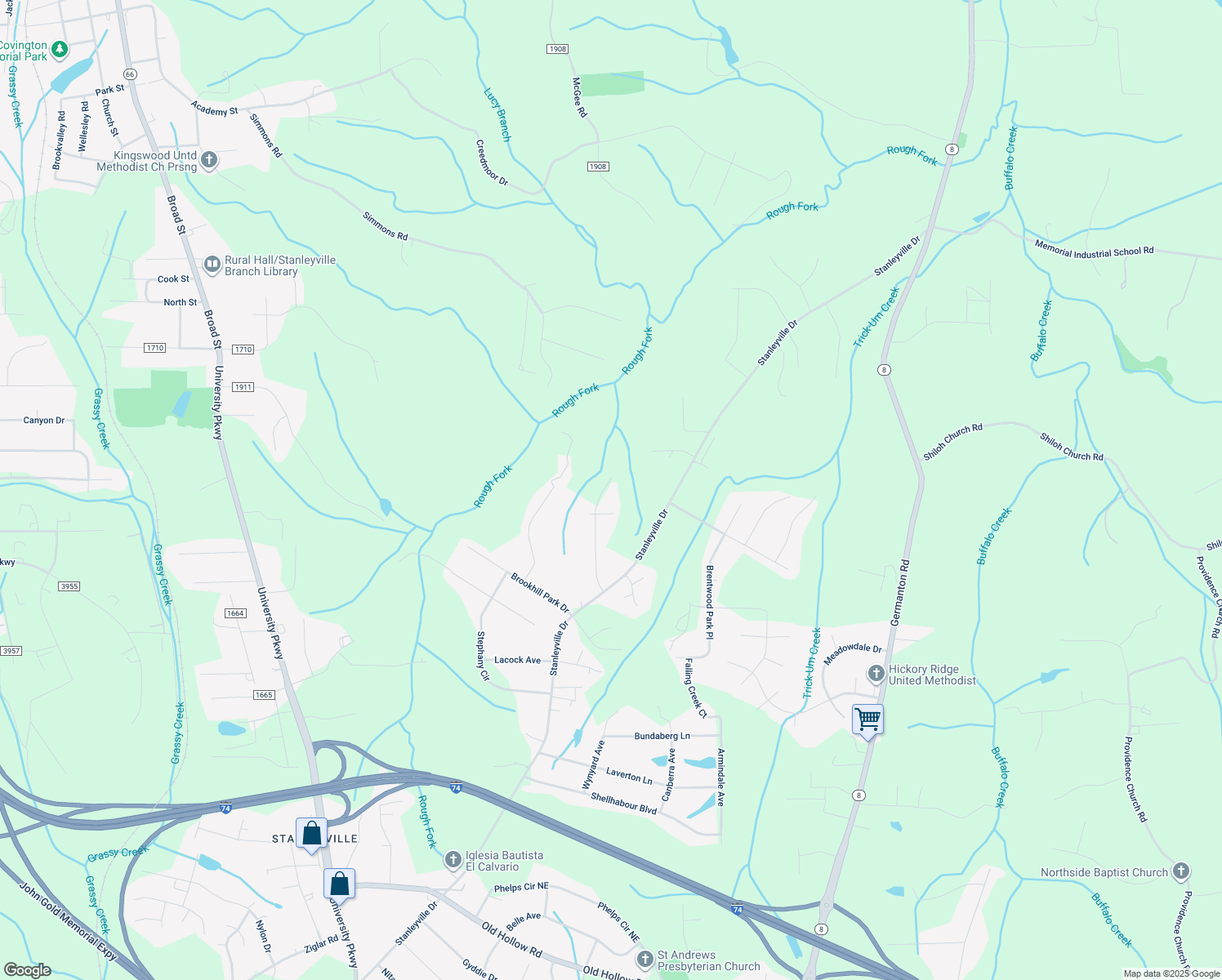map of restaurants, bars, coffee shops, grocery stores, and more near 1148 Ridgecliff Drive in Rural Hall