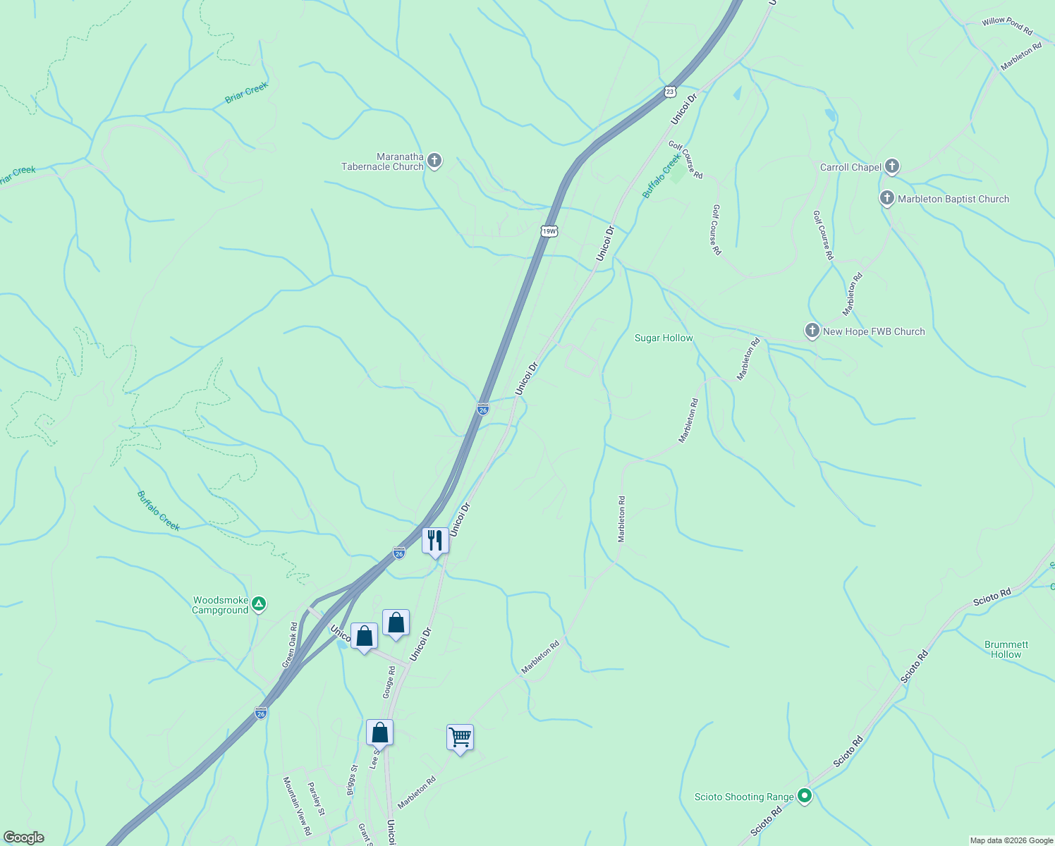 map of restaurants, bars, coffee shops, grocery stores, and more near 1107 Horton Road in Unicoi