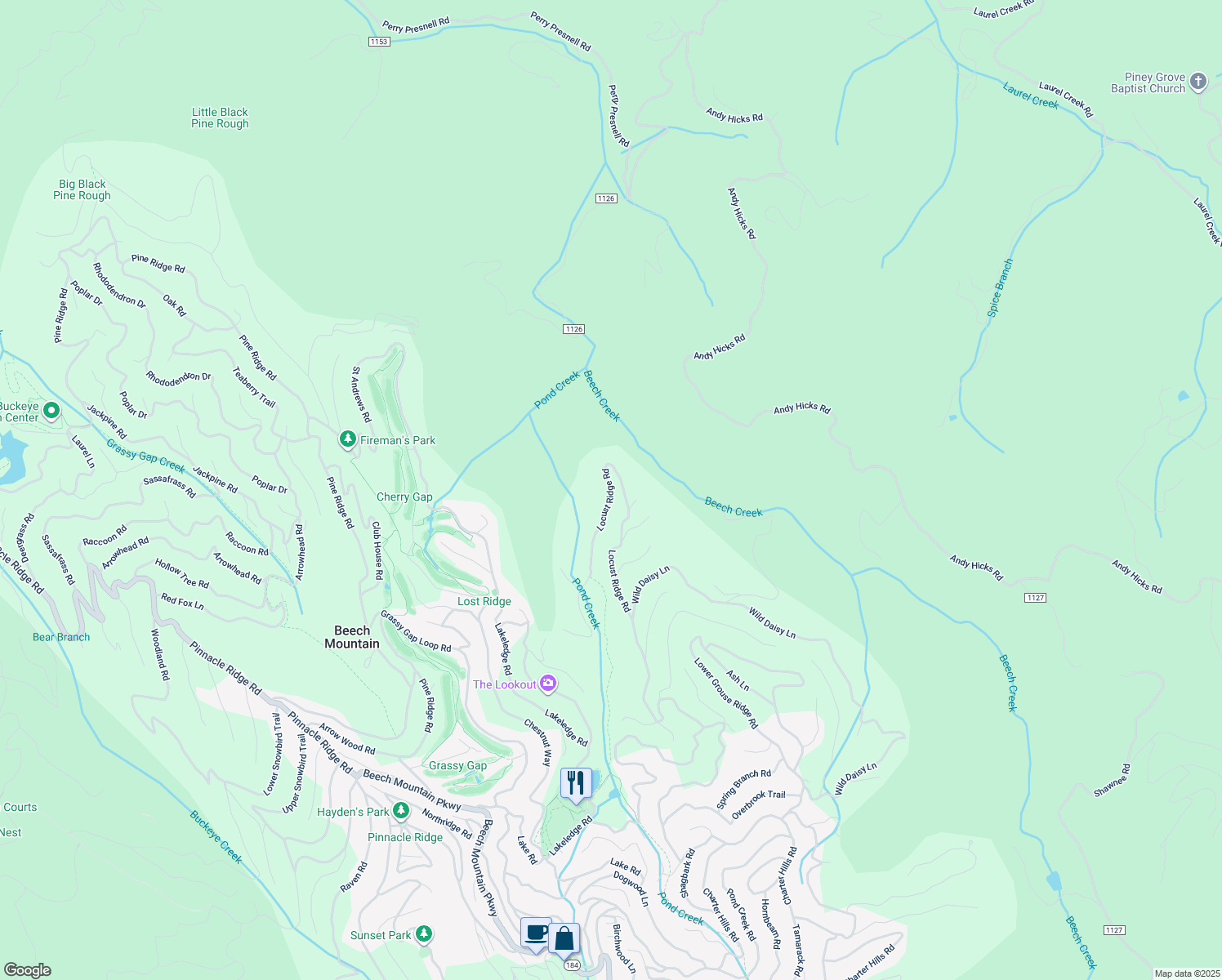 map of restaurants, bars, coffee shops, grocery stores, and more near 343 Locust Ridge Road in Beech Mountain