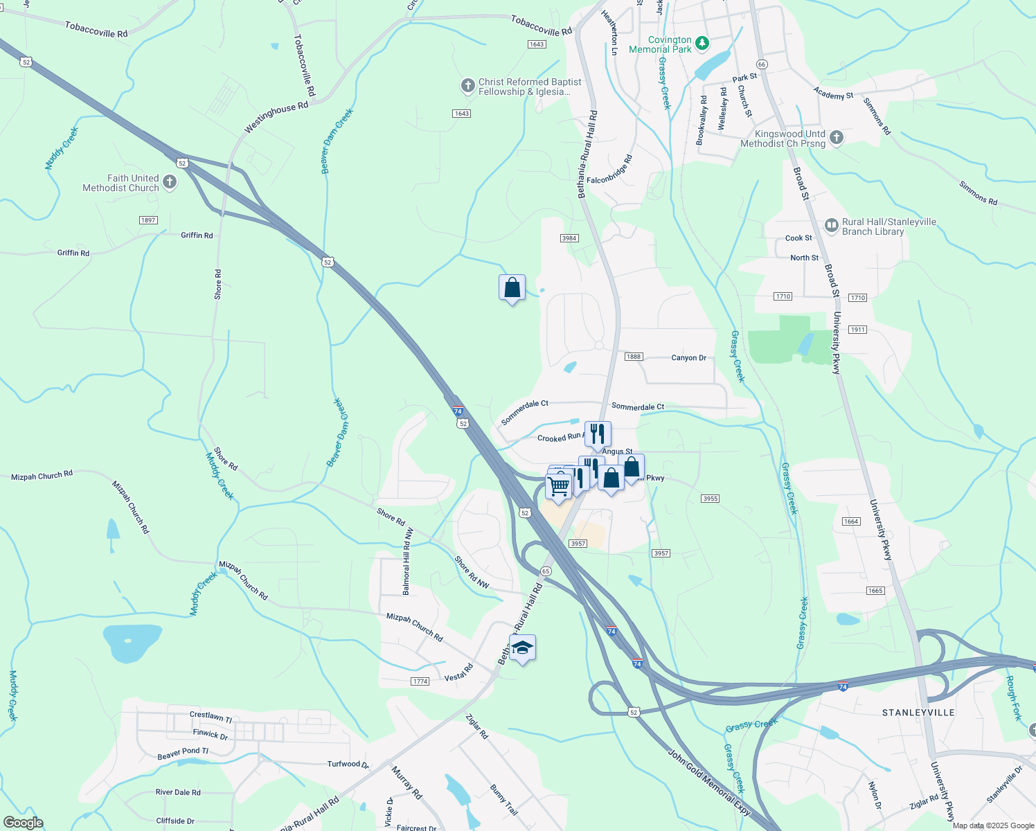 map of restaurants, bars, coffee shops, grocery stores, and more near 796 Sommerdale Court in Rural Hall