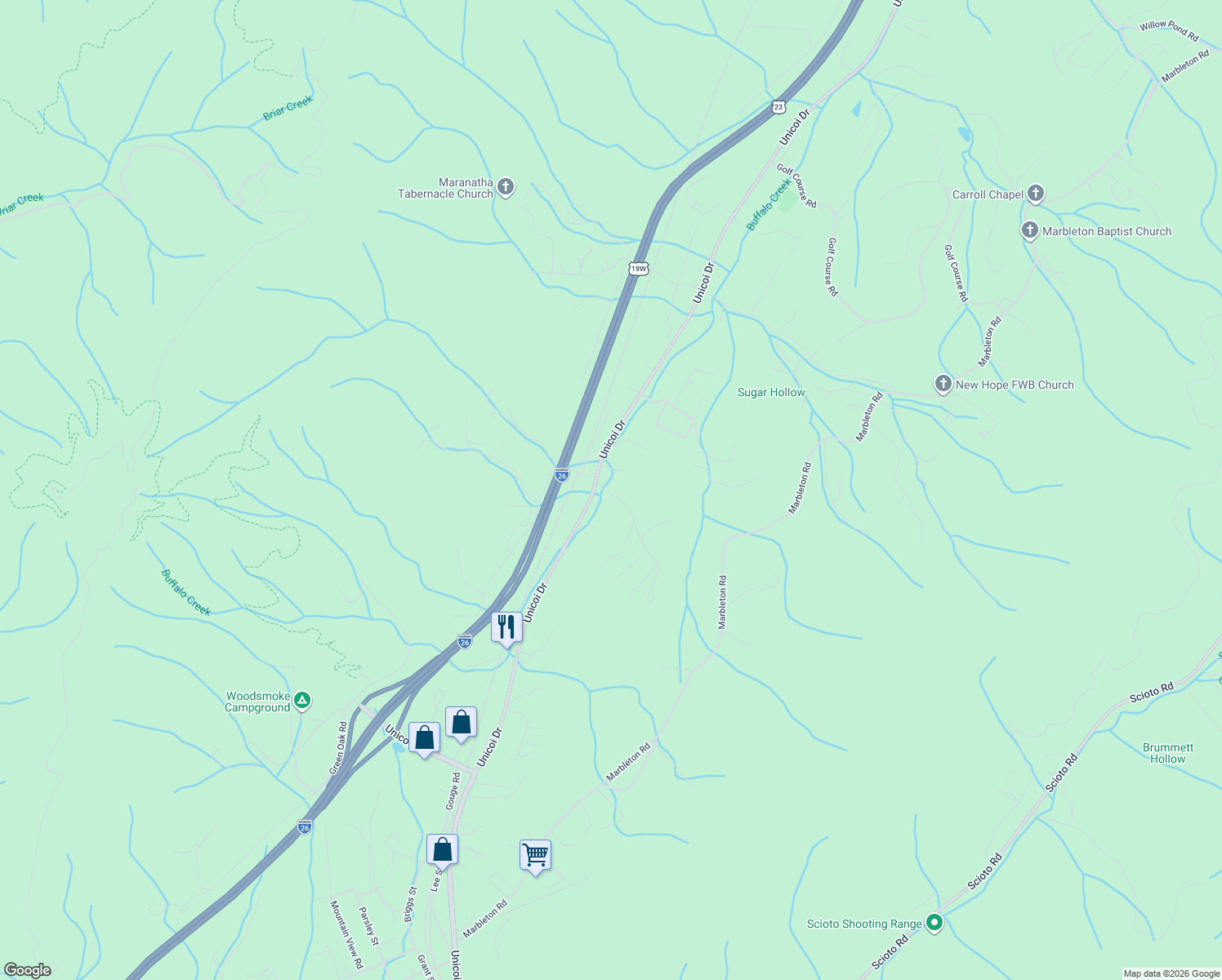 map of restaurants, bars, coffee shops, grocery stores, and more near 1107 Horton Road in Unicoi