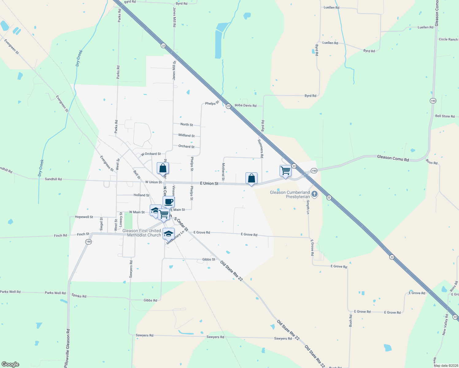 map of restaurants, bars, coffee shops, grocery stores, and more near 508 Highway 190 in Gleason