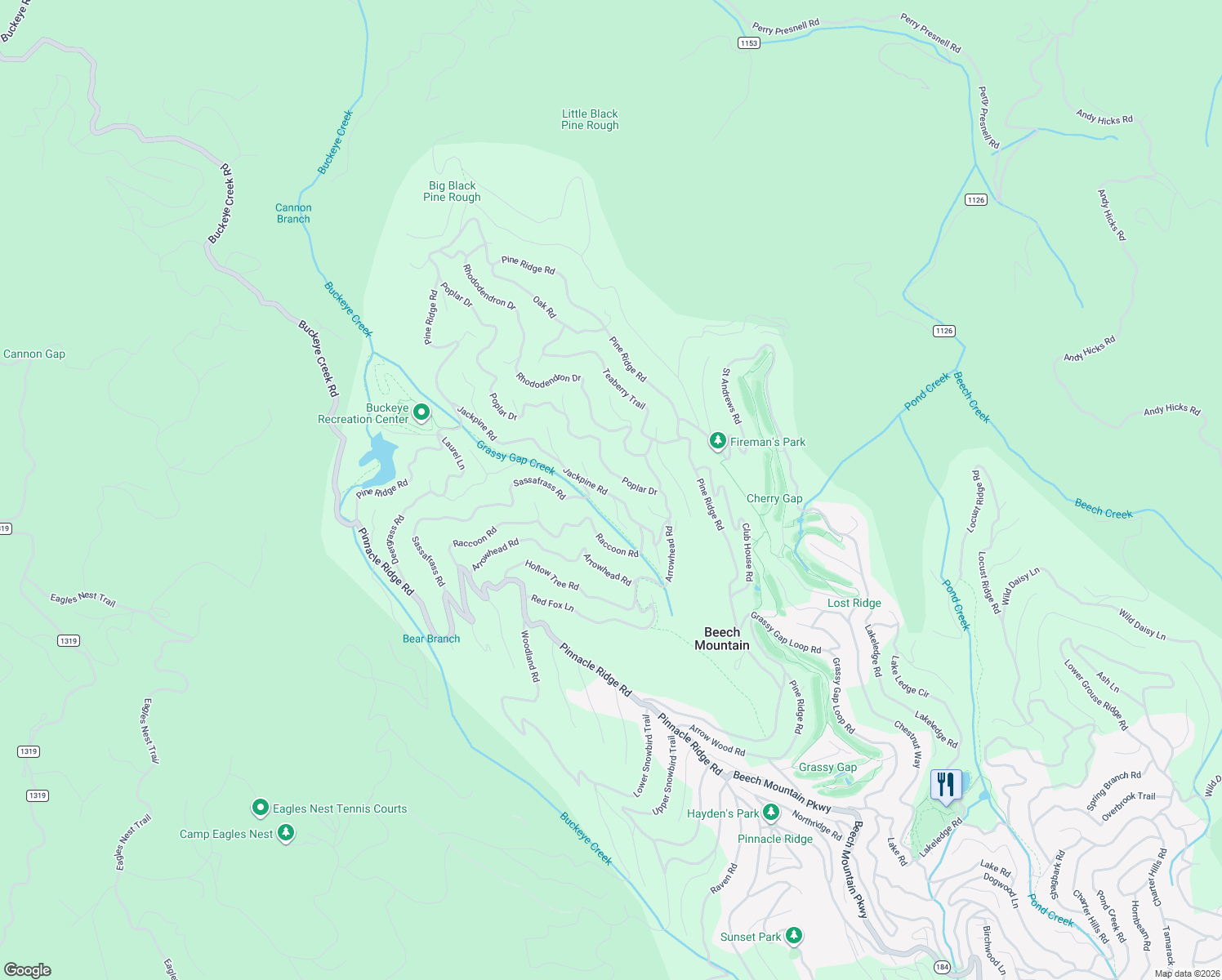 map of restaurants, bars, coffee shops, grocery stores, and more near 216 Jackpine Road in Beech Mountain