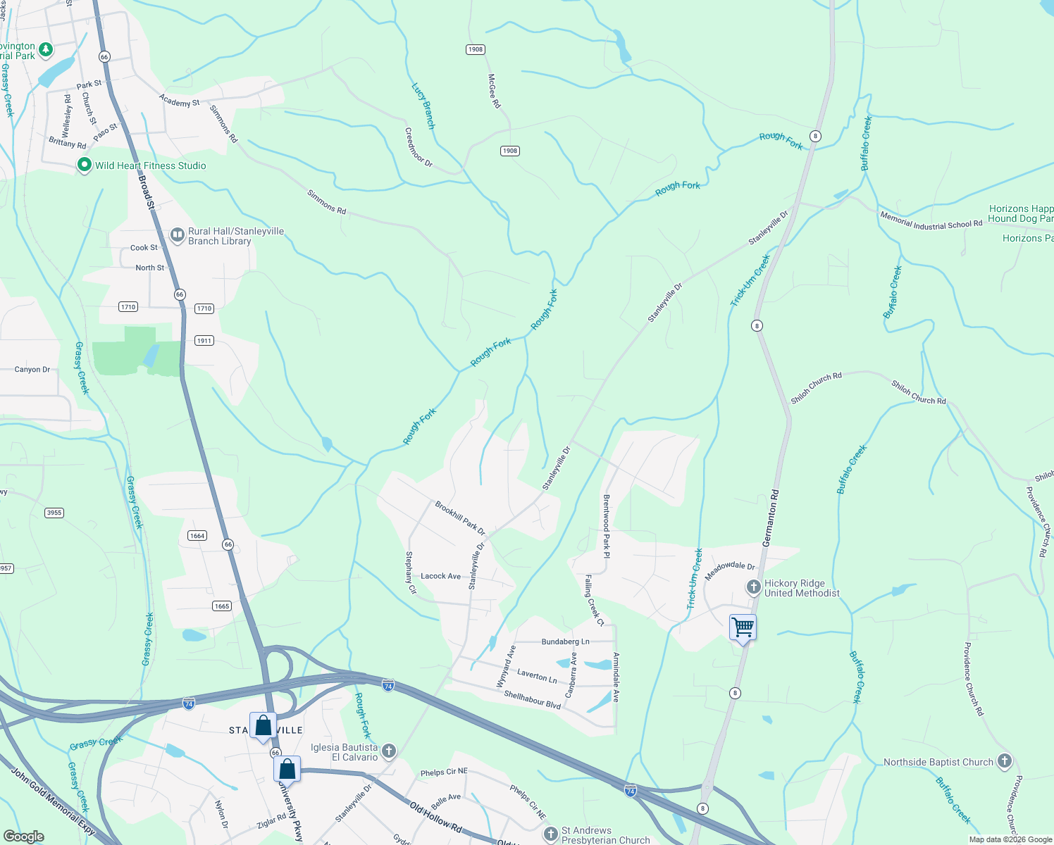 map of restaurants, bars, coffee shops, grocery stores, and more near 1152 Ridgecliff Drive in Rural Hall