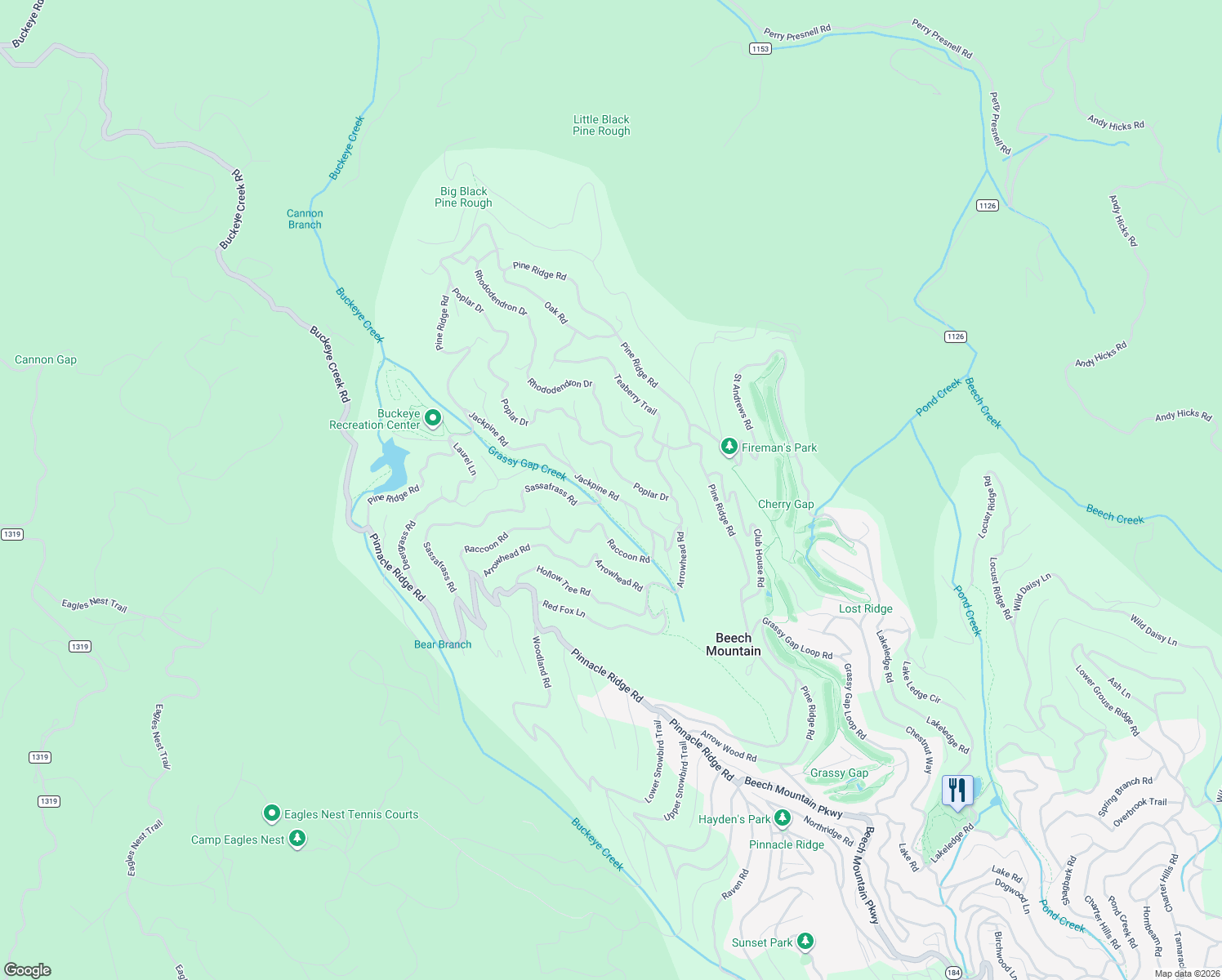 map of restaurants, bars, coffee shops, grocery stores, and more near 216 Jackpine Road in Beech Mountain