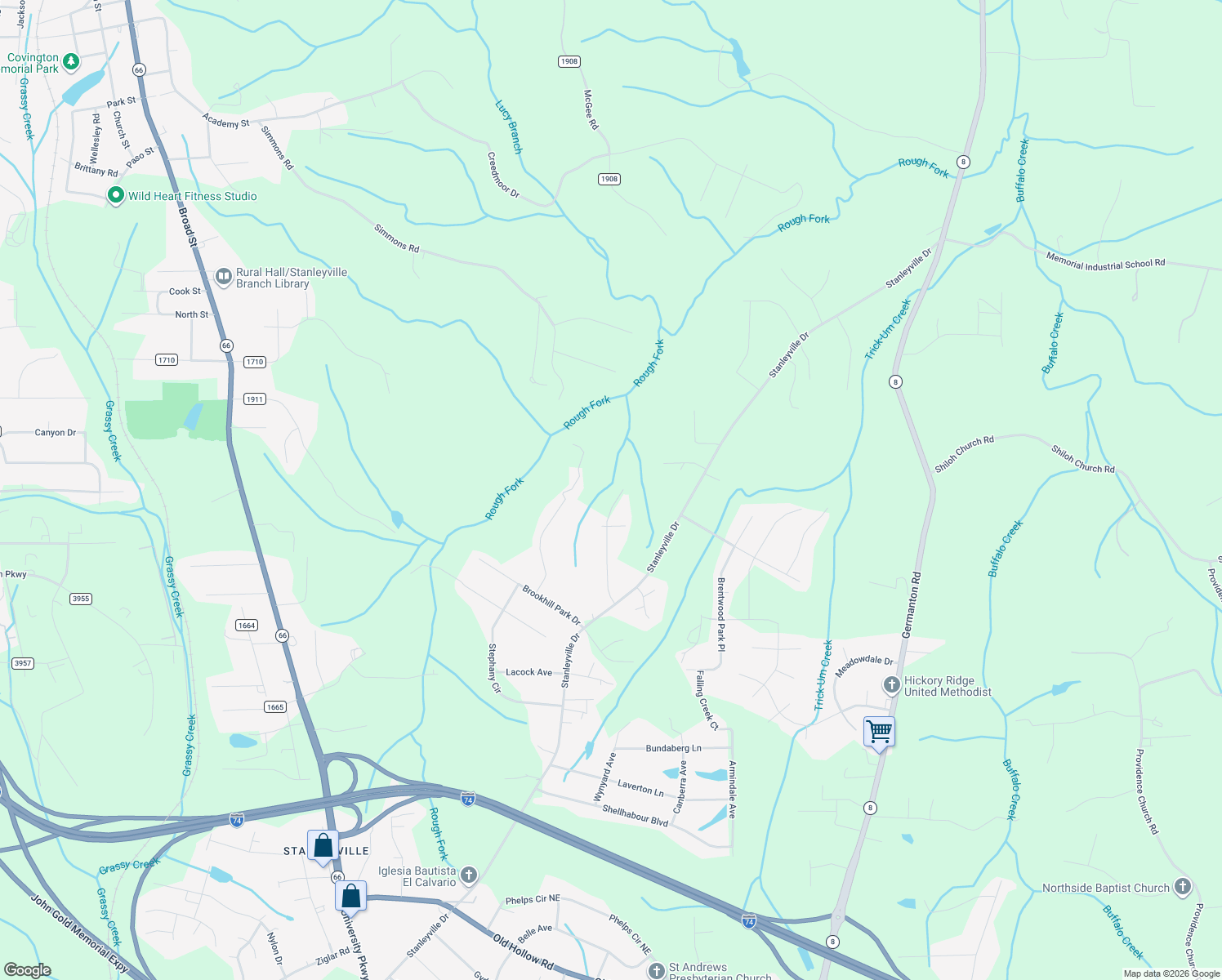 map of restaurants, bars, coffee shops, grocery stores, and more near 1161 Ridgecliff Drive in Rural Hall