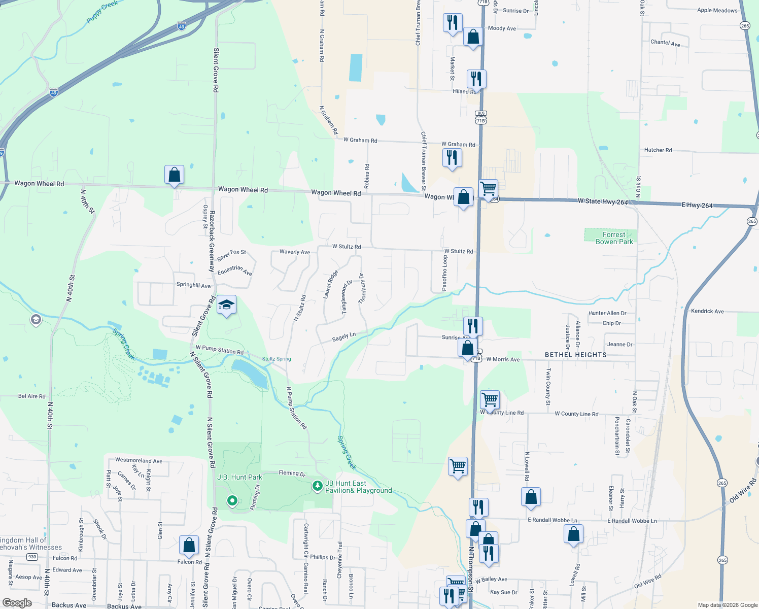map of restaurants, bars, coffee shops, grocery stores, and more near 3646 Buckingham Terrace in Springdale