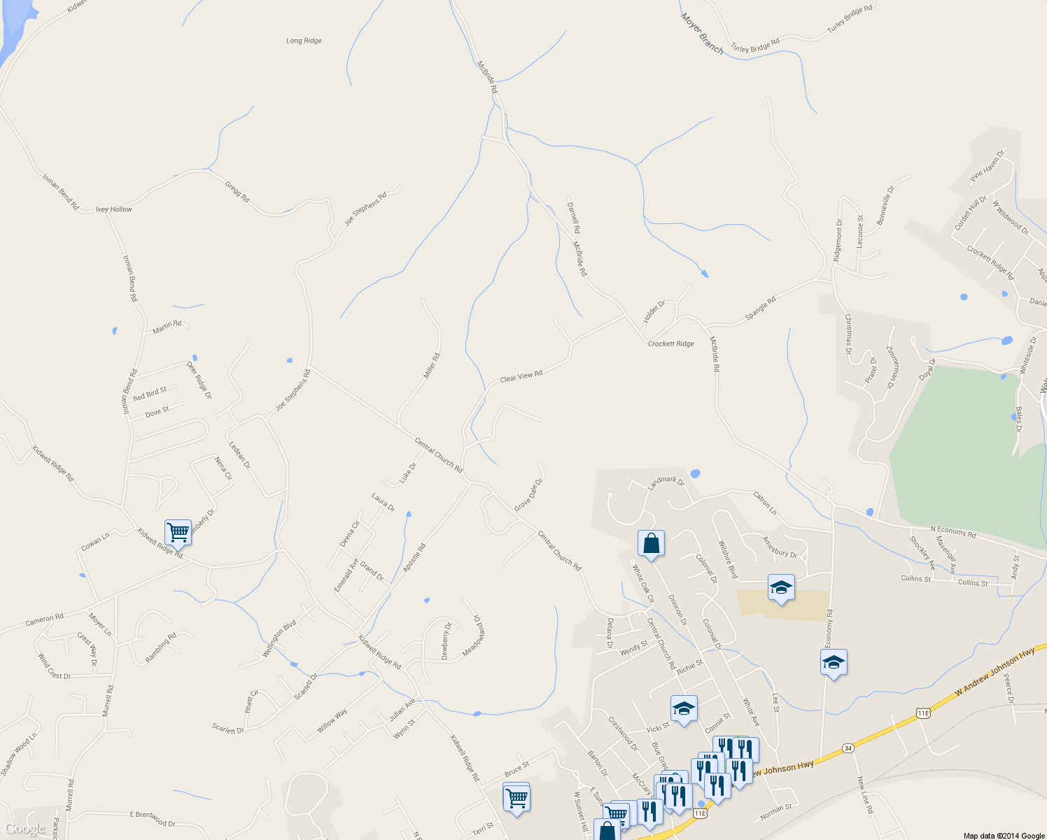 map of restaurants, bars, coffee shops, grocery stores, and more near 2840 Blue Ridge Dr in Morristown