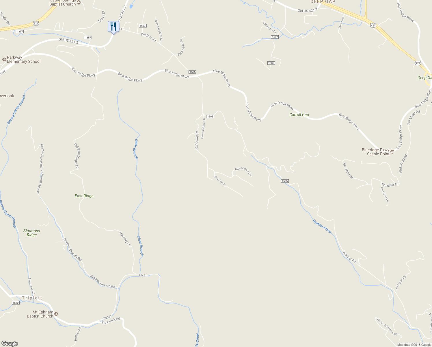 map of restaurants, bars, coffee shops, grocery stores, and more near 100 Wildcat Estates Drive in Deep Gap