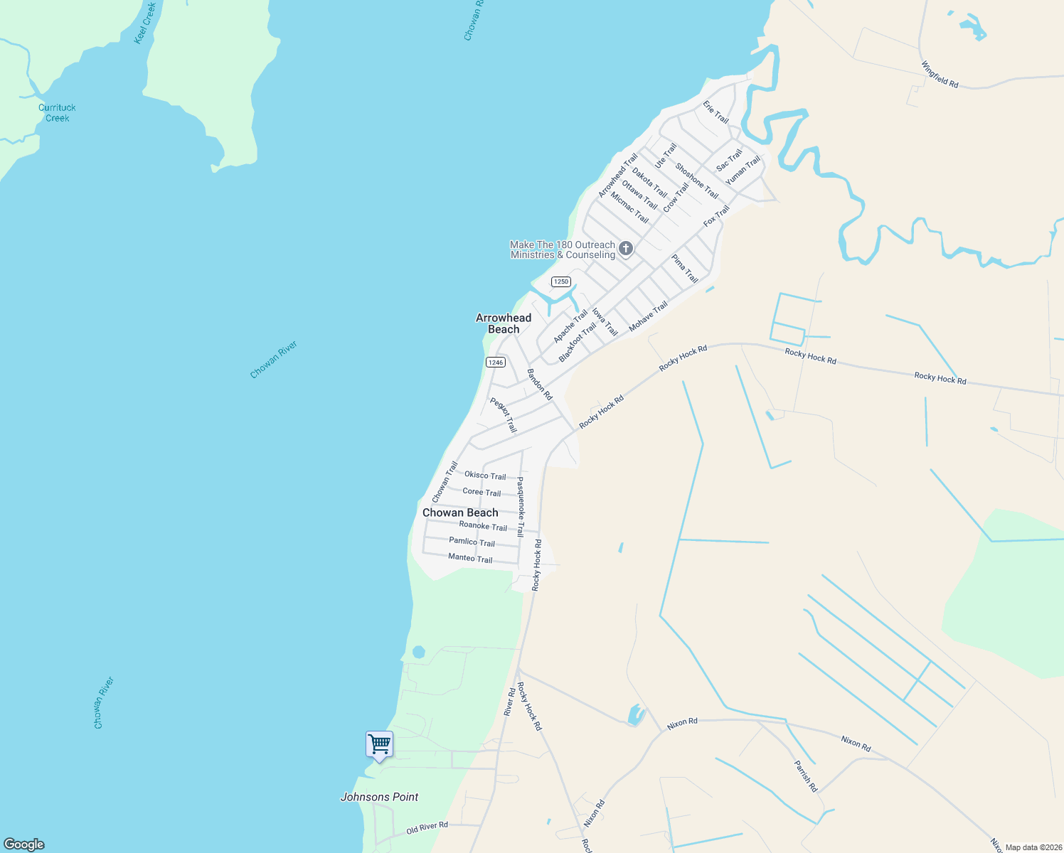 map of restaurants, bars, coffee shops, grocery stores, and more near 114 Powhatan Trail in Edenton