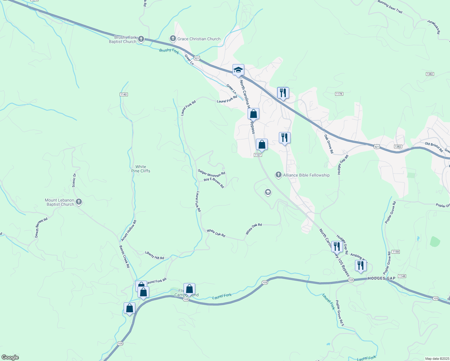 map of restaurants, bars, coffee shops, grocery stores, and more near 411 Roy E Brown Road in Vilas