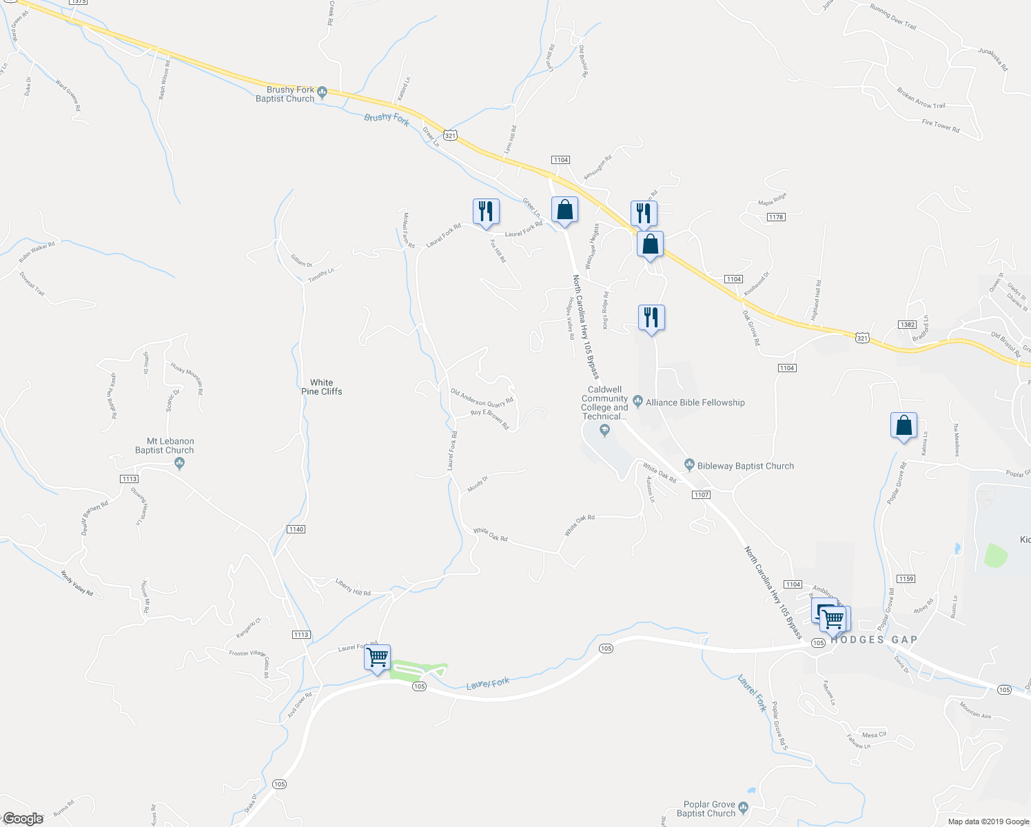 map of restaurants, bars, coffee shops, grocery stores, and more near 411 Roy E Brown Road in Vilas