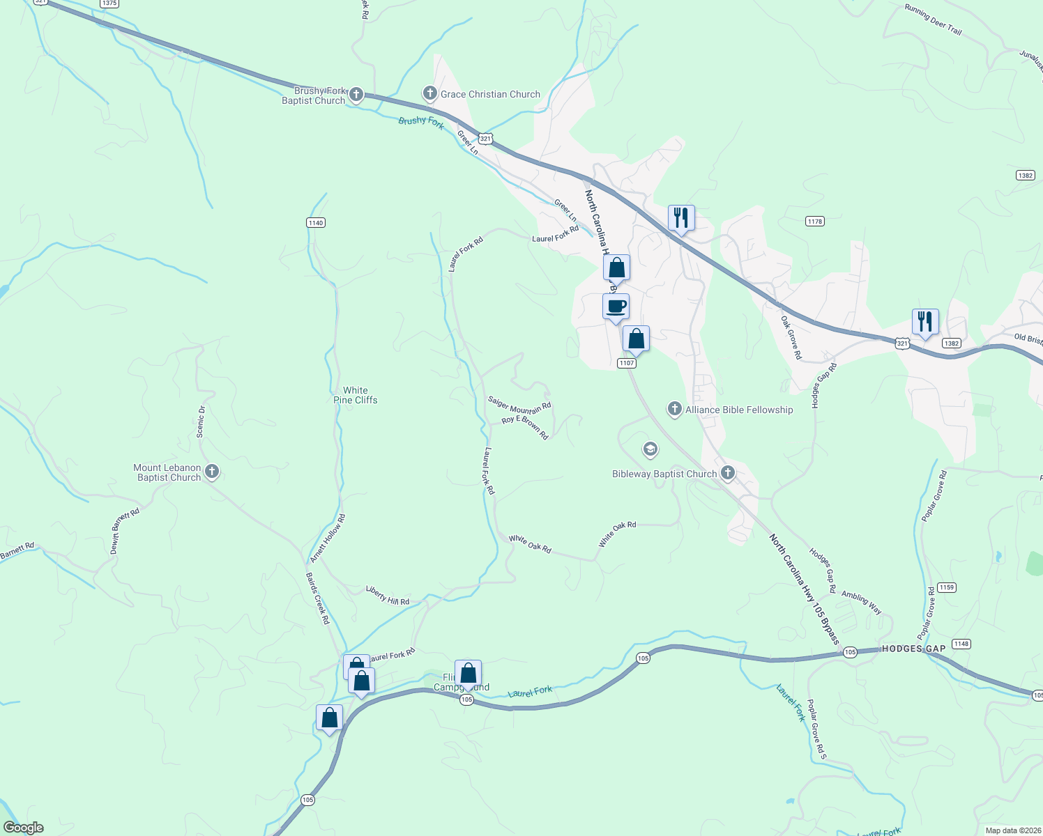 map of restaurants, bars, coffee shops, grocery stores, and more near 214 Roy E Brown Road in Vilas