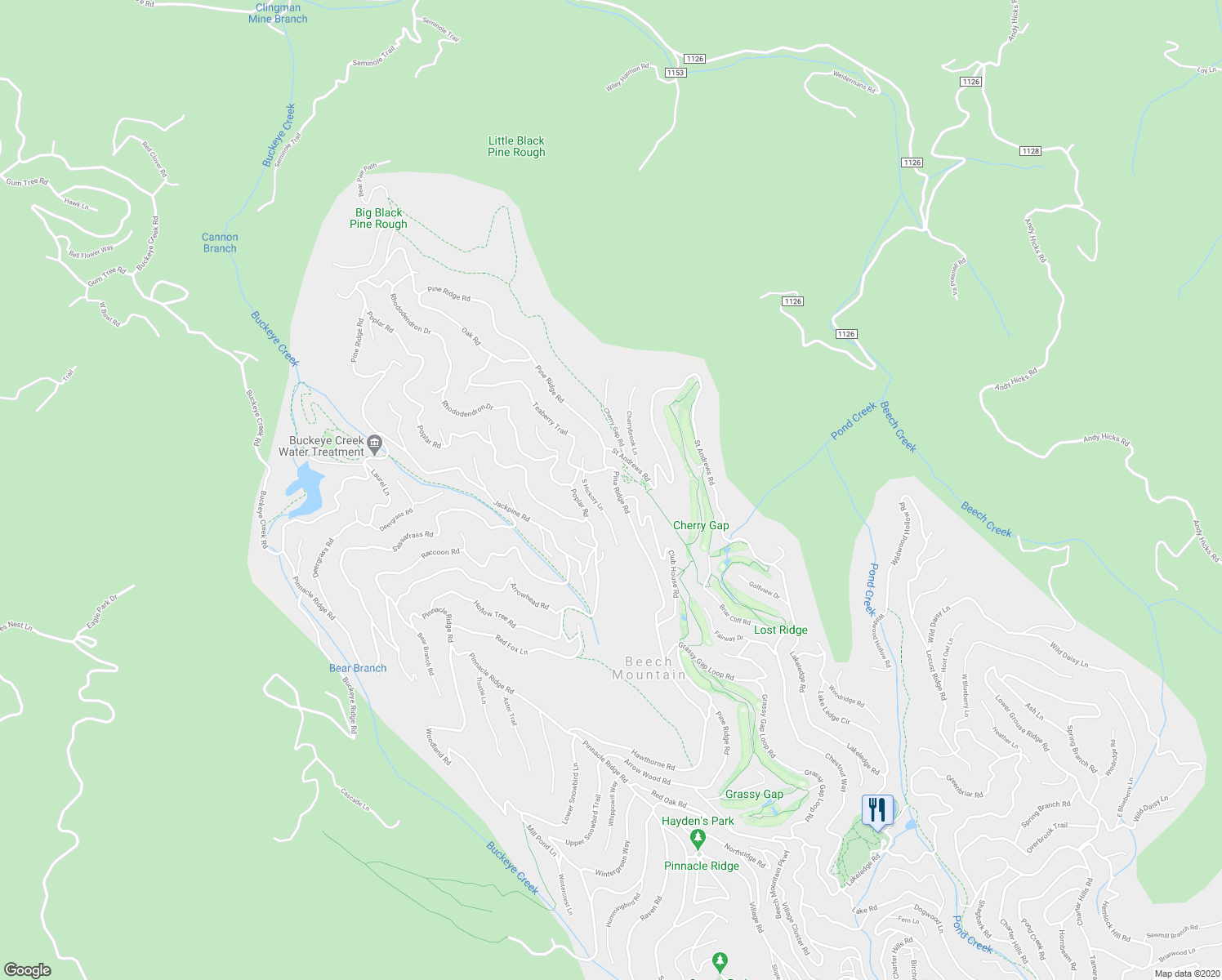 map of restaurants, bars, coffee shops, grocery stores, and more near 605 Pine Ridge Road in Beech Mountain