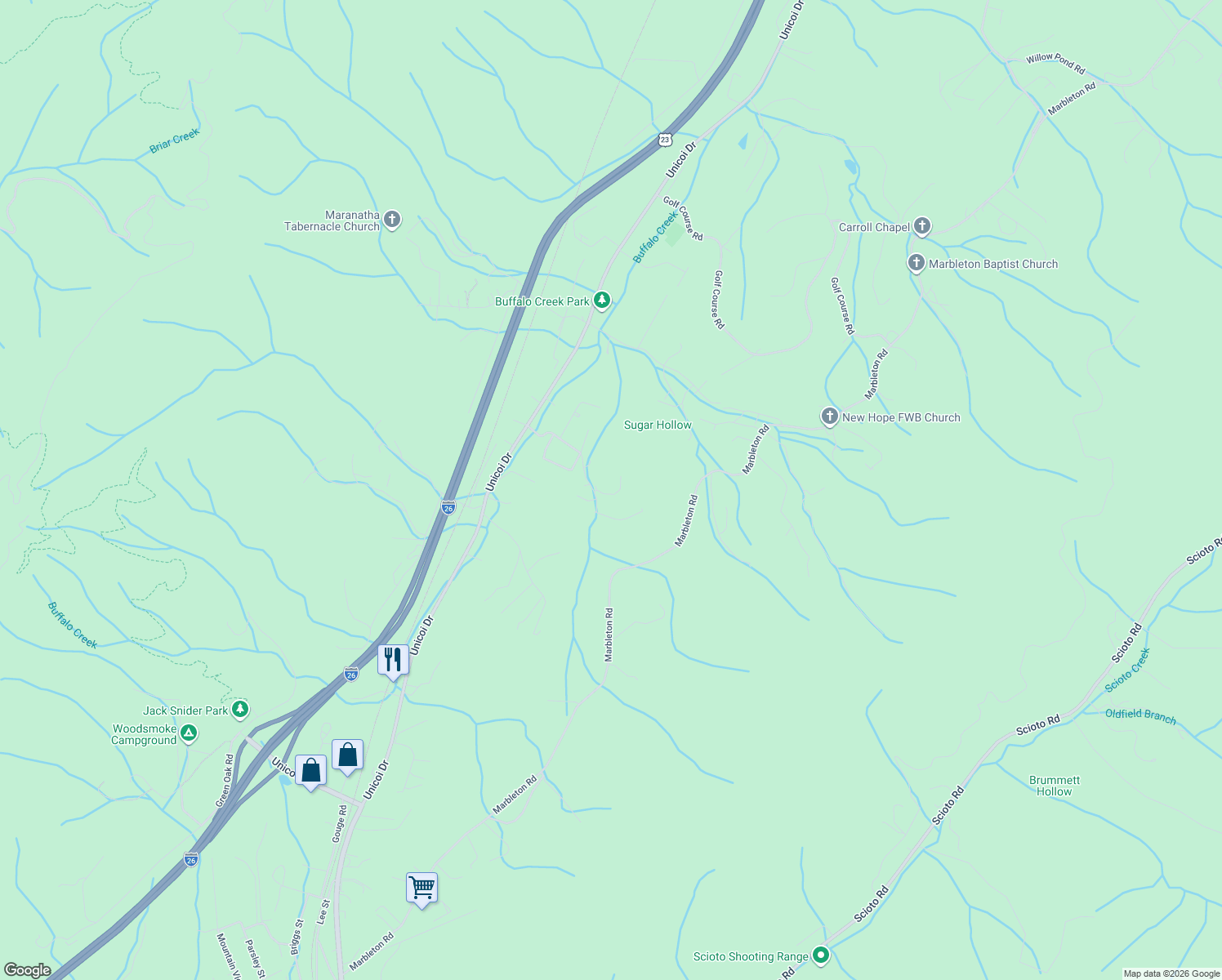 map of restaurants, bars, coffee shops, grocery stores, and more near 201 Jacobs Ln in Unicoi