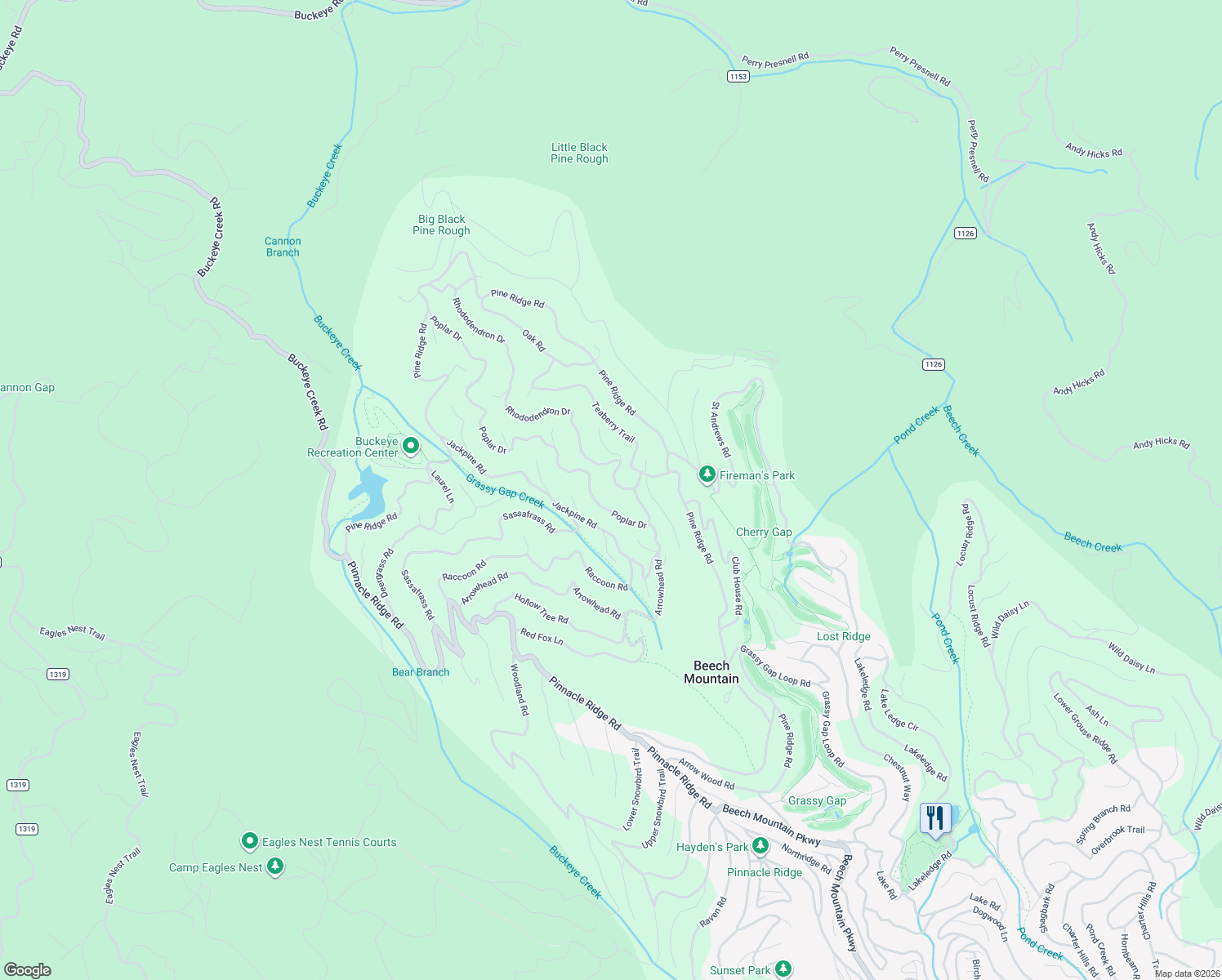 map of restaurants, bars, coffee shops, grocery stores, and more near 106 Rhododendron Drive in Beech Mountain