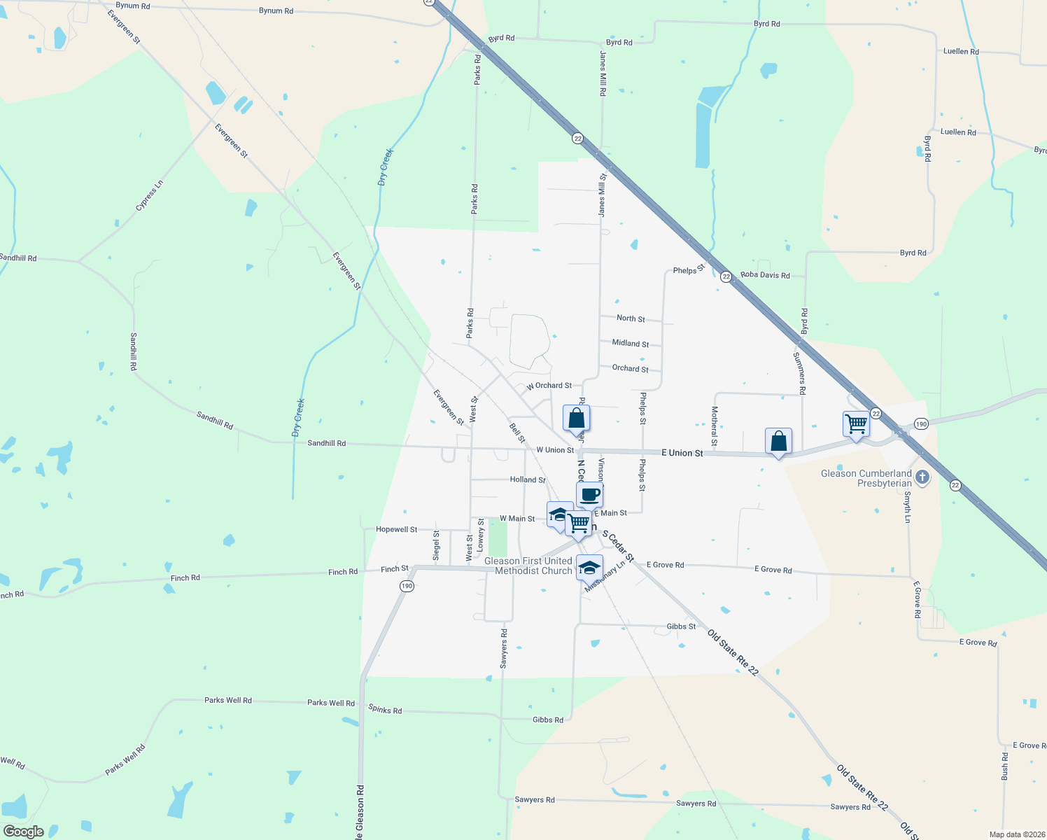 map of restaurants, bars, coffee shops, grocery stores, and more near 101 Bell St in Gleason