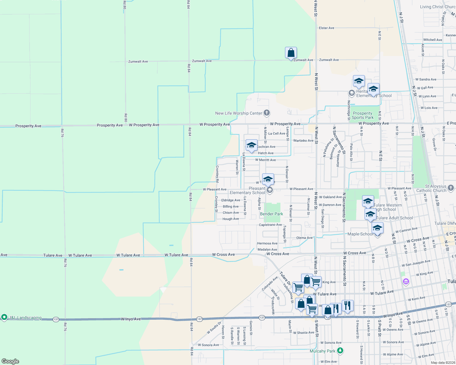 map of restaurants, bars, coffee shops, grocery stores, and more near 923 Randle Court in Tulare