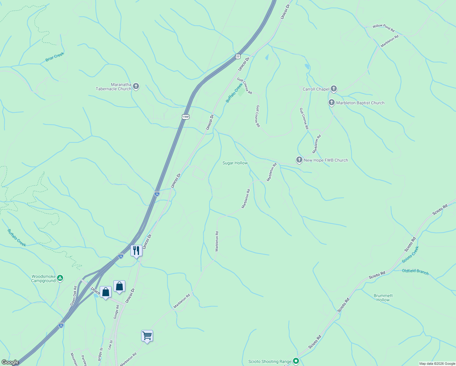 map of restaurants, bars, coffee shops, grocery stores, and more near 201 Jacobs Ln in Unicoi