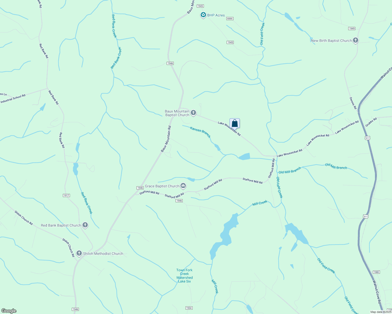 map of restaurants, bars, coffee shops, grocery stores, and more near 7545 Baux Mountain Road in Germanton