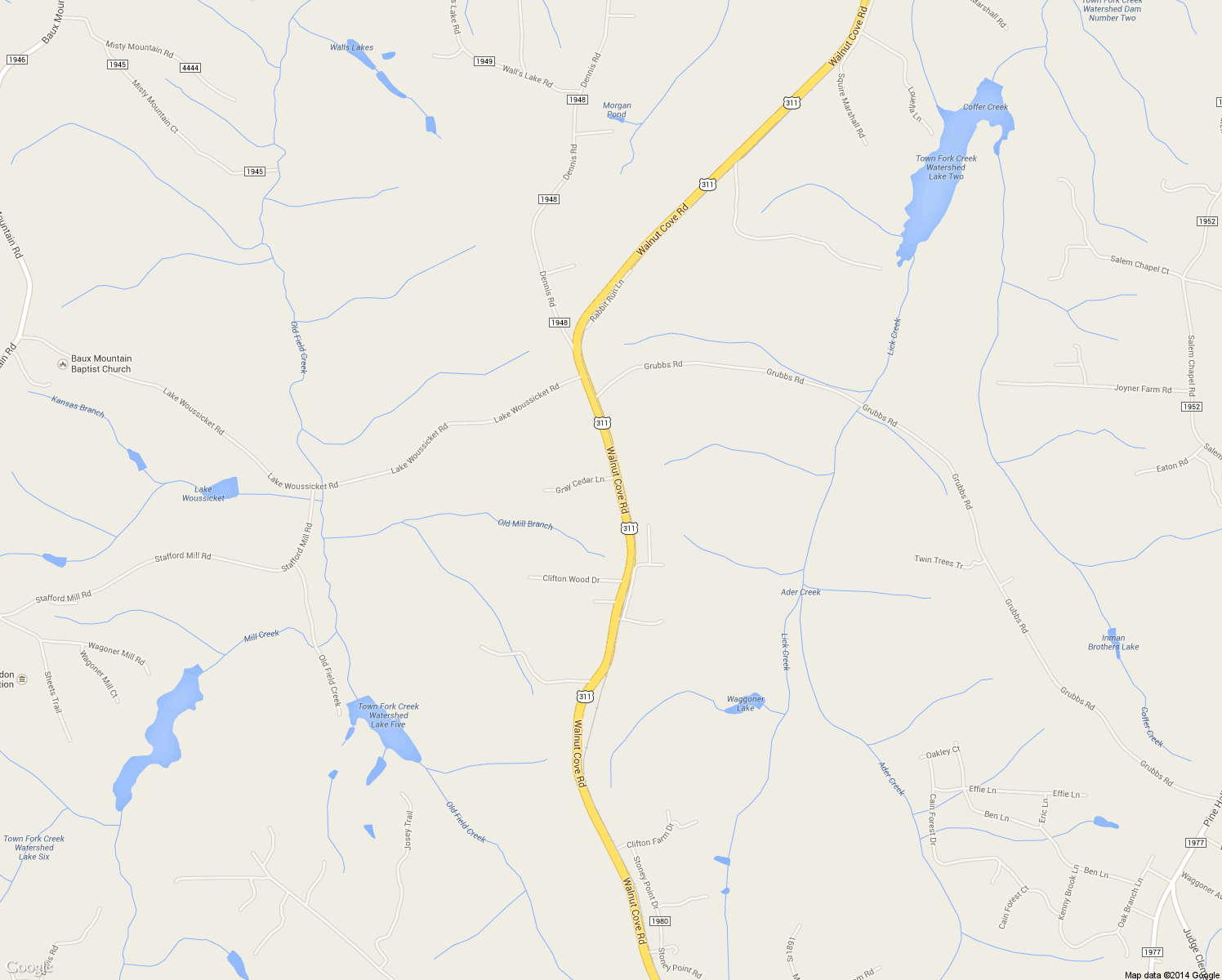map of restaurants, bars, coffee shops, grocery stores, and more near 7260 Walnut Cove Road in Walkertown
