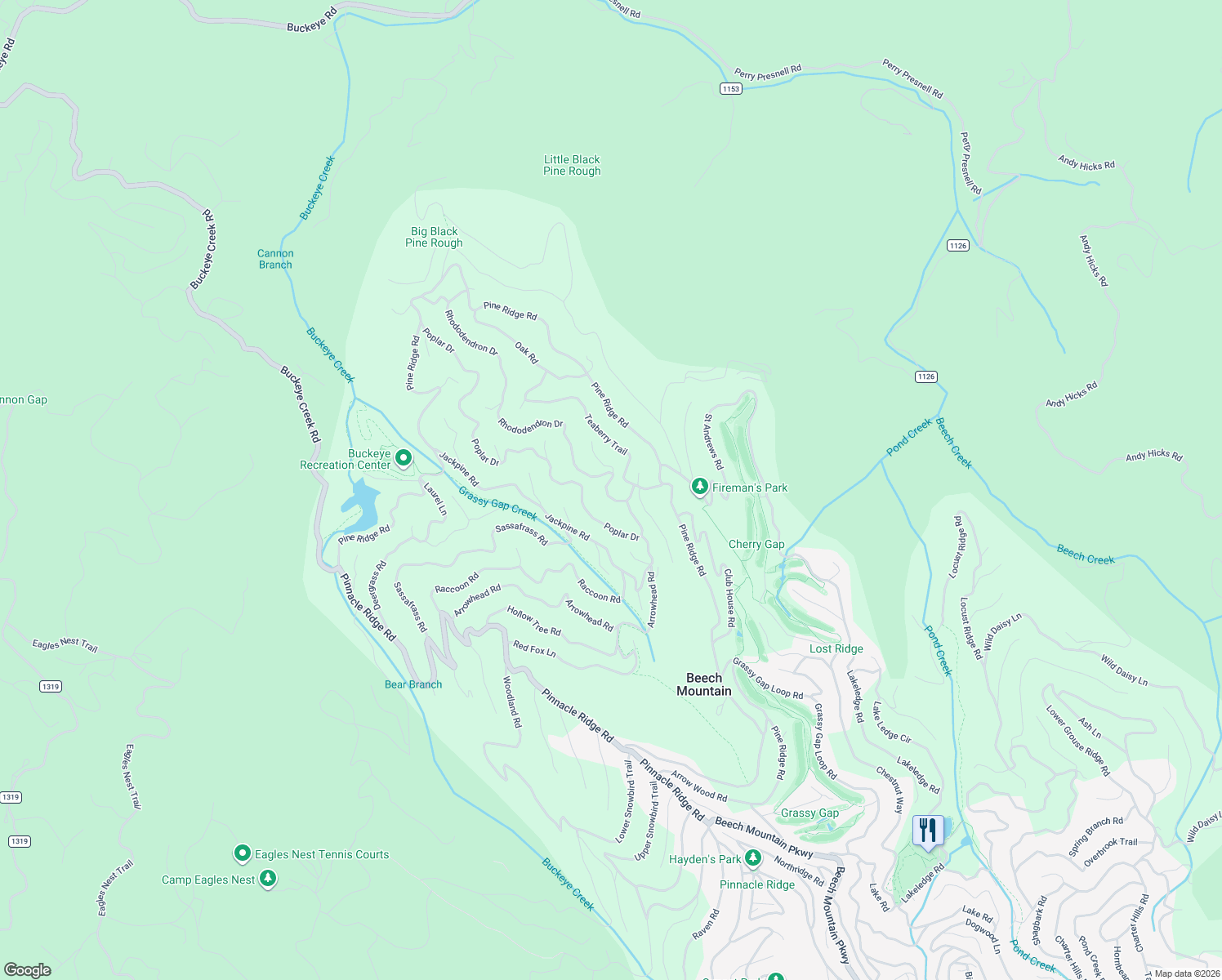 map of restaurants, bars, coffee shops, grocery stores, and more near 106 Rhododendron Drive in Beech Mountain