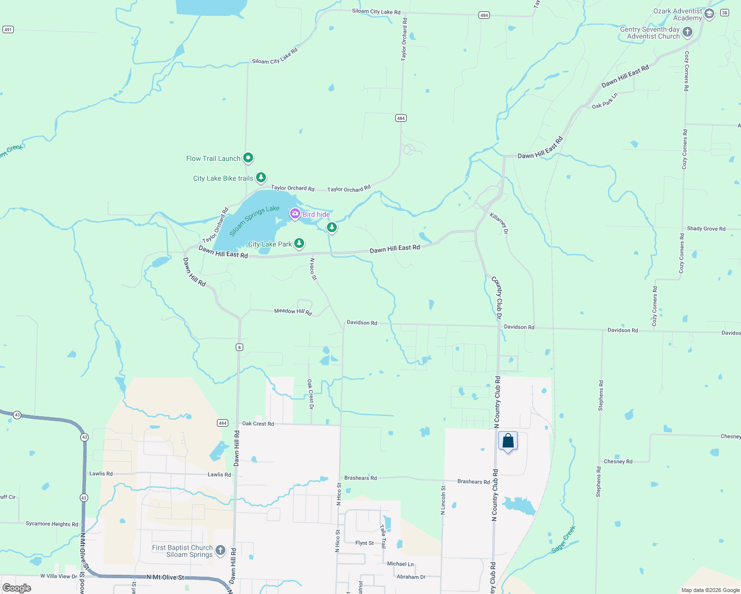 map of restaurants, bars, coffee shops, grocery stores, and more near 22384 Davidson Road in Siloam Springs