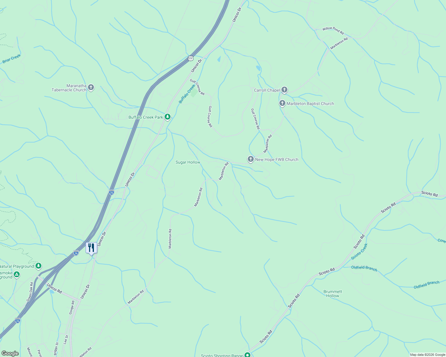 map of restaurants, bars, coffee shops, grocery stores, and more near 1024 Marbleton Road in Unicoi