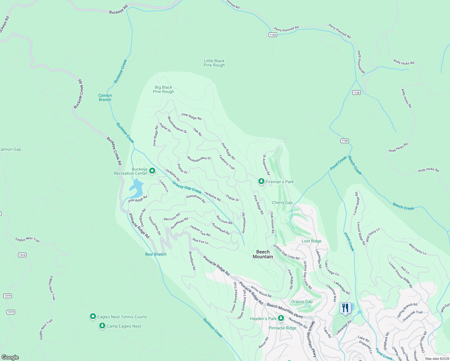 map of restaurants, bars, coffee shops, grocery stores, and more near 106 Rhododendron Drive in Beech Mountain