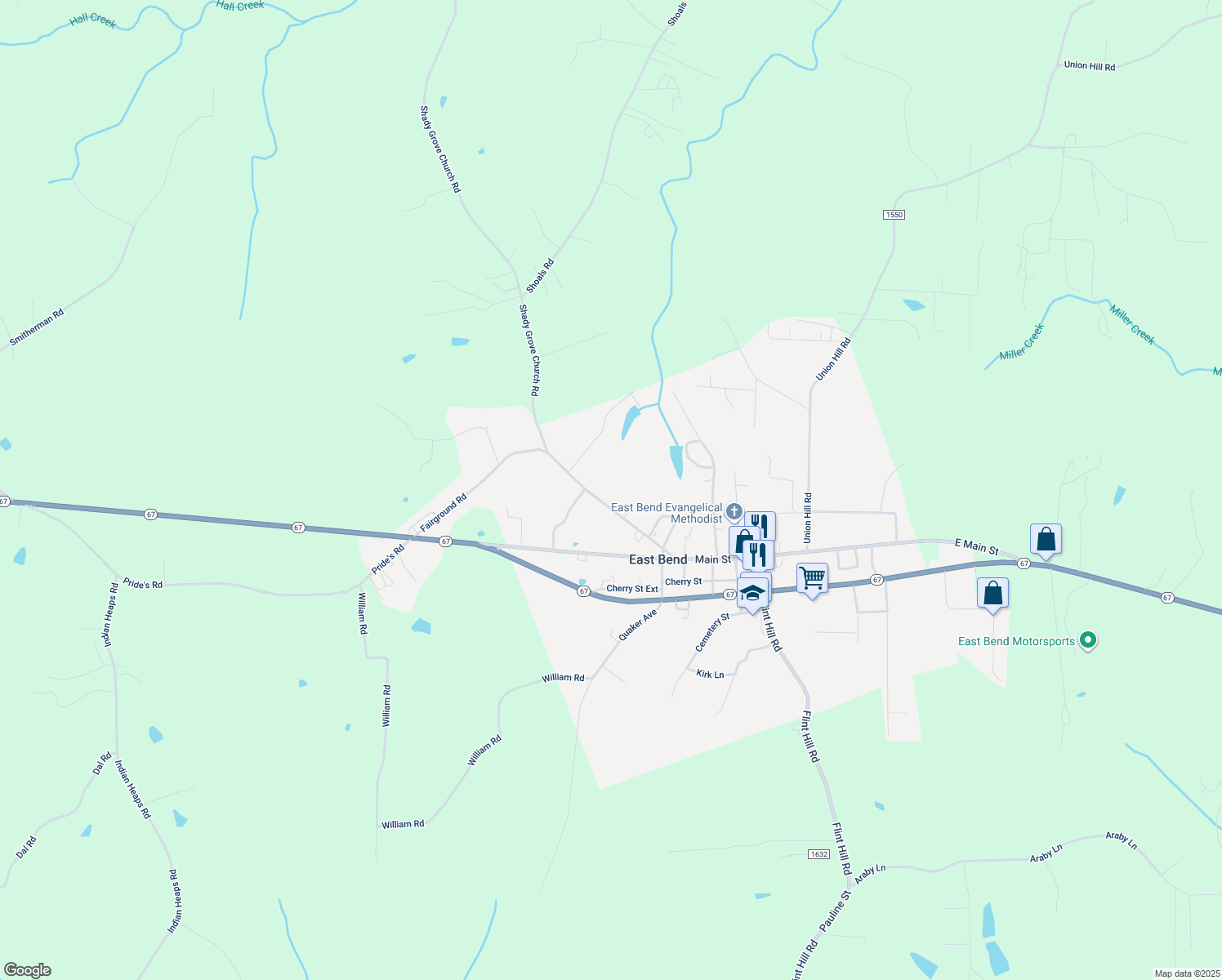 map of restaurants, bars, coffee shops, grocery stores, and more near 236 Fairground Rd in East Bend