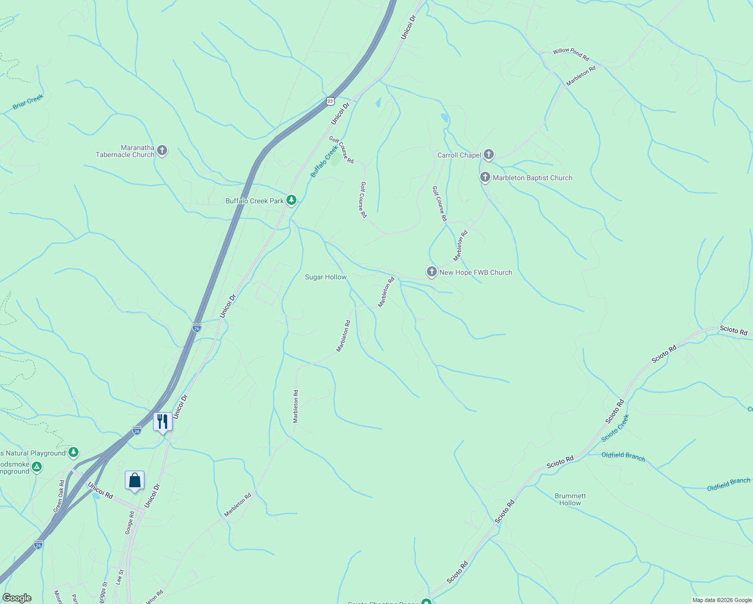 map of restaurants, bars, coffee shops, grocery stores, and more near 1024 Marbleton Road in Unicoi