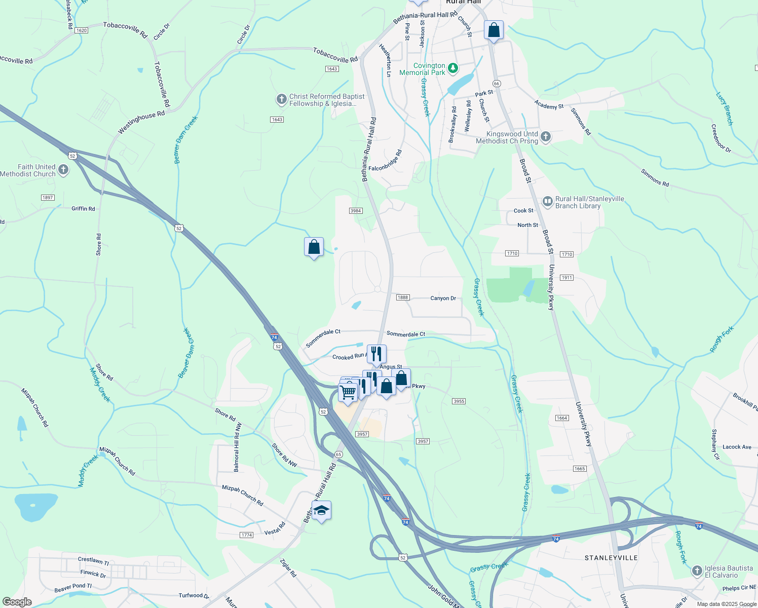 map of restaurants, bars, coffee shops, grocery stores, and more near 830 Bethania Rural Hall Road in Rural Hall