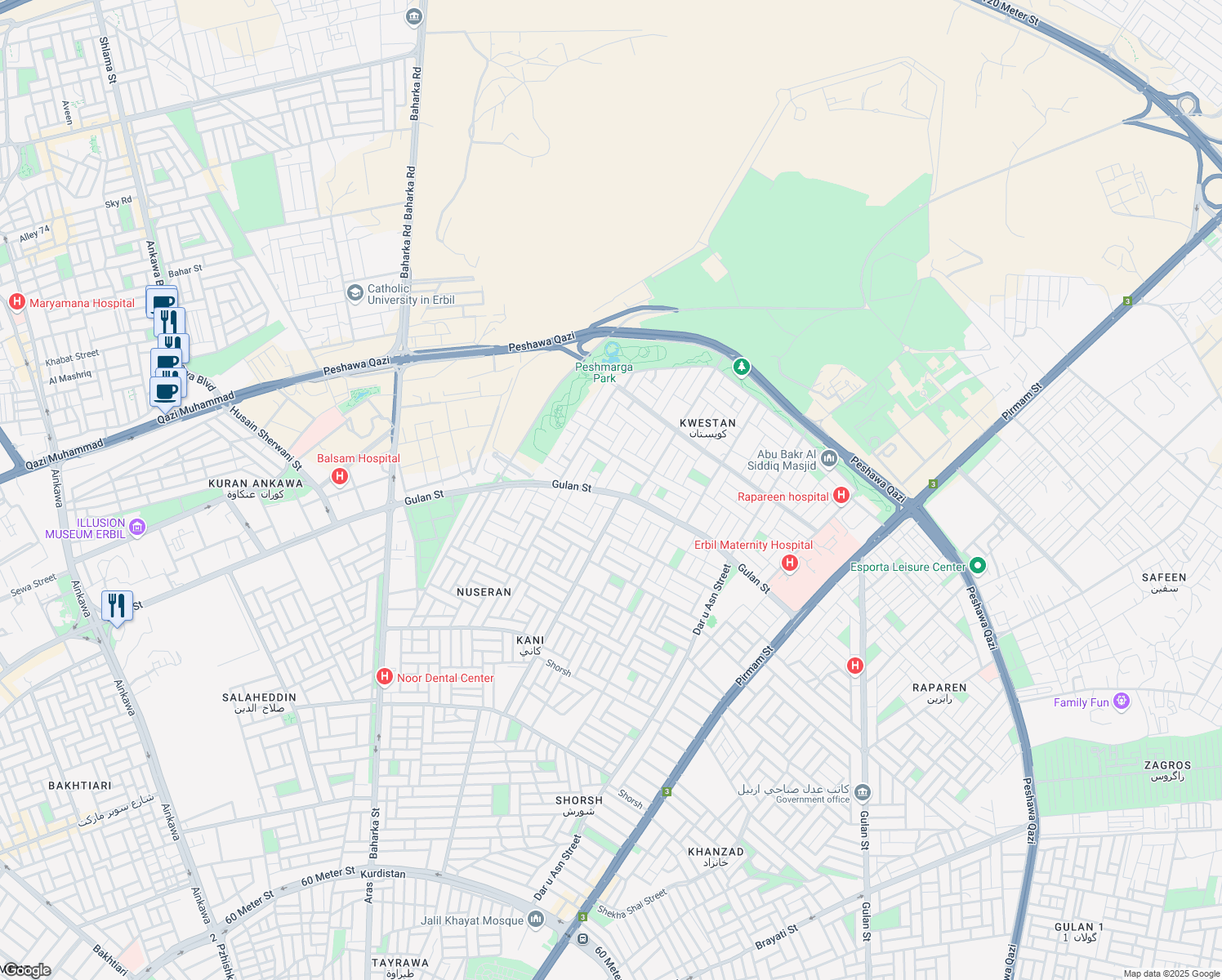 map of restaurants, bars, coffee shops, grocery stores, and more near Gulan Street in Arbil