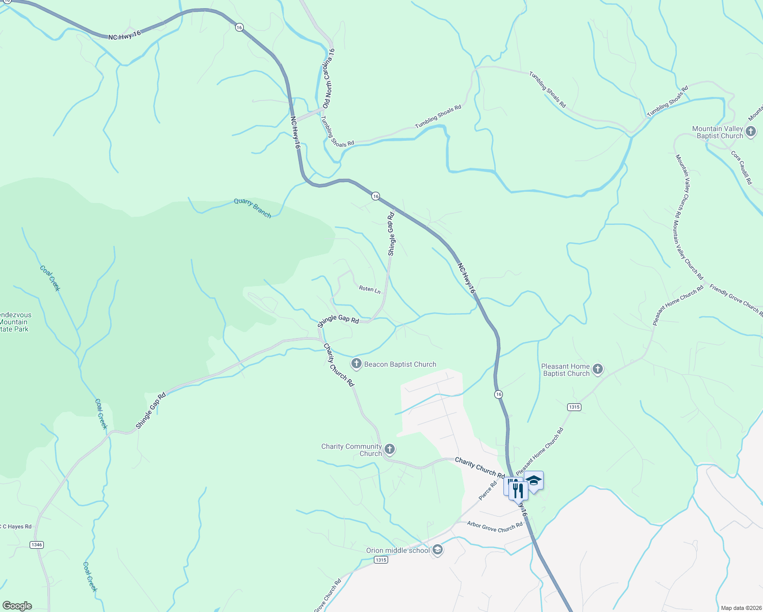 map of restaurants, bars, coffee shops, grocery stores, and more near 3258 Shingle Gap Road in Millers Creek