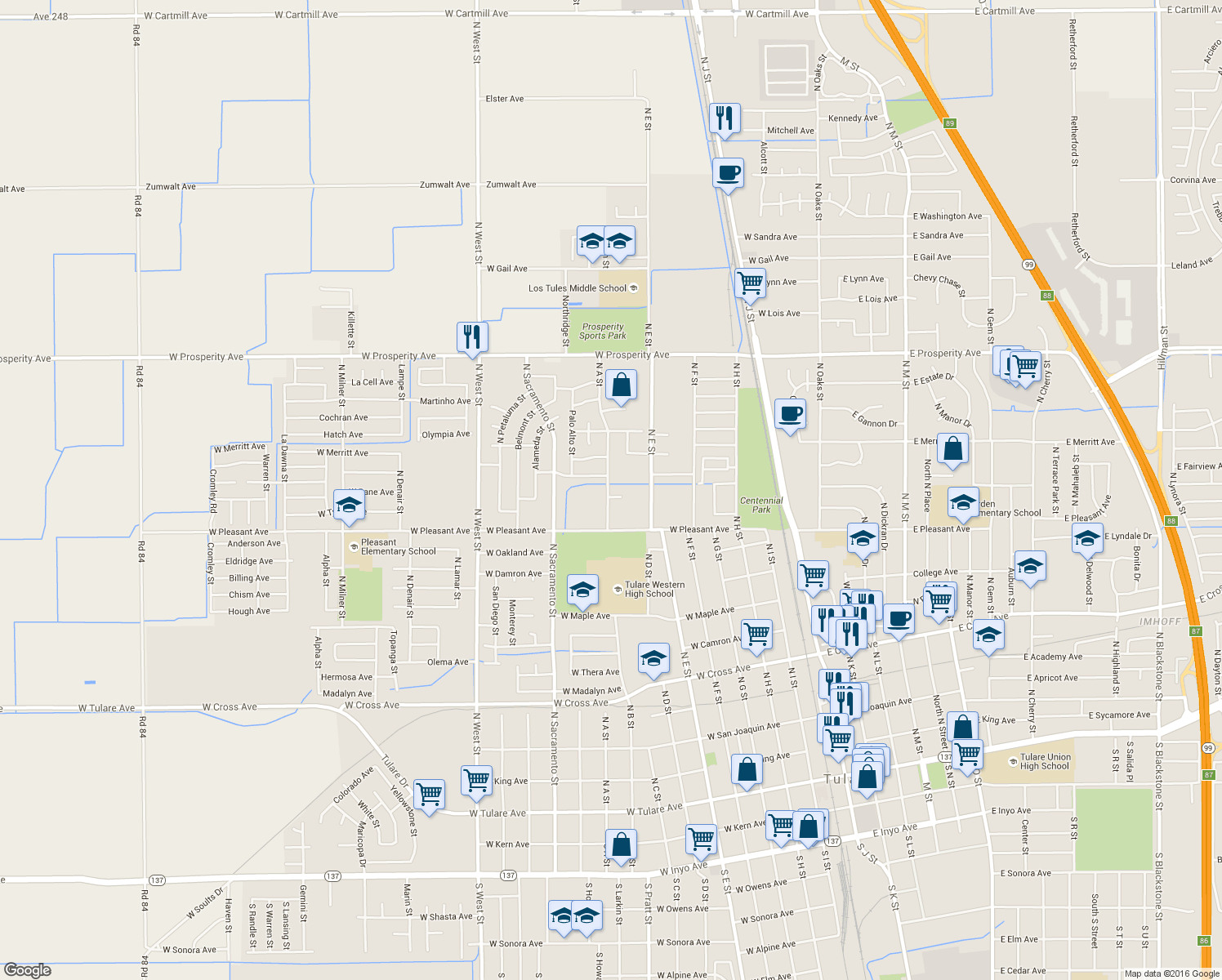 map of restaurants, bars, coffee shops, grocery stores, and more near 966 N A St in Tulare