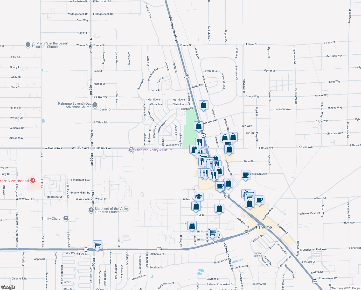 map of restaurants, bars, coffee shops, grocery stores, and more near 871 Valiant Ave in Pahrump