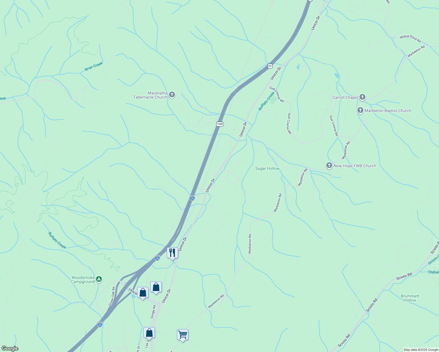 map of restaurants, bars, coffee shops, grocery stores, and more near 112 Sugar Hollow Road in Unicoi