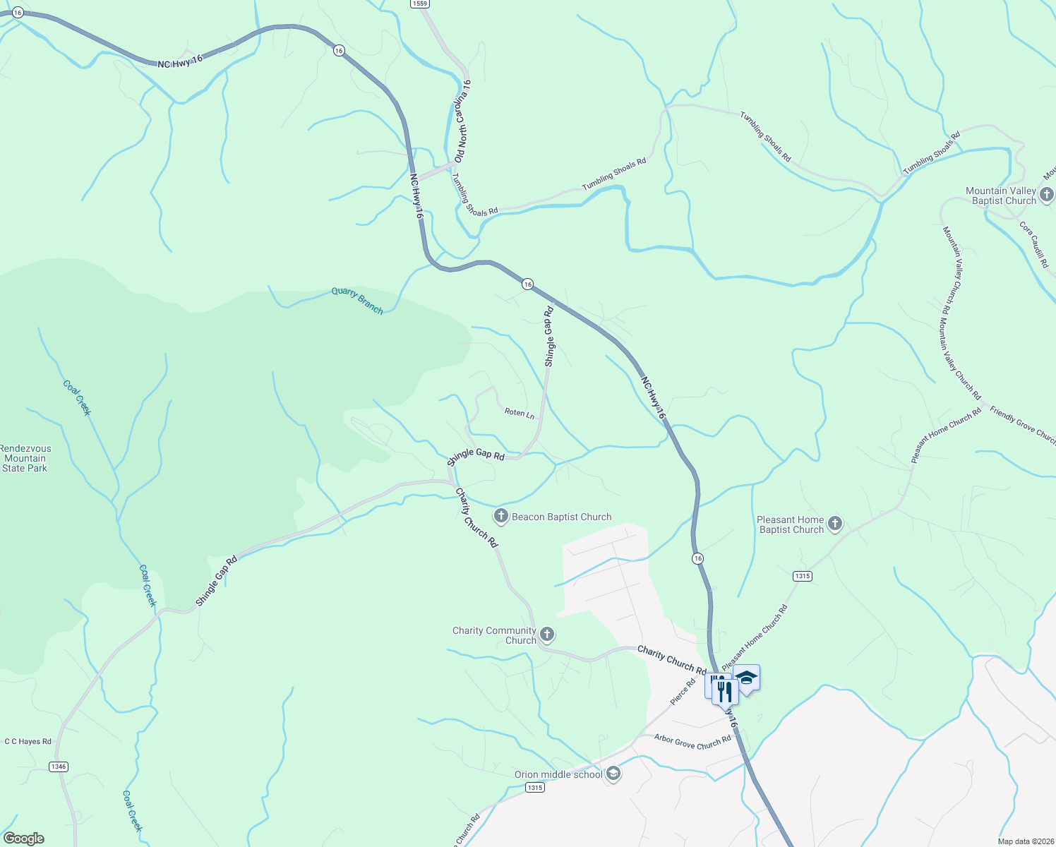 map of restaurants, bars, coffee shops, grocery stores, and more near 3258 Shingle Gap Road in Millers Creek