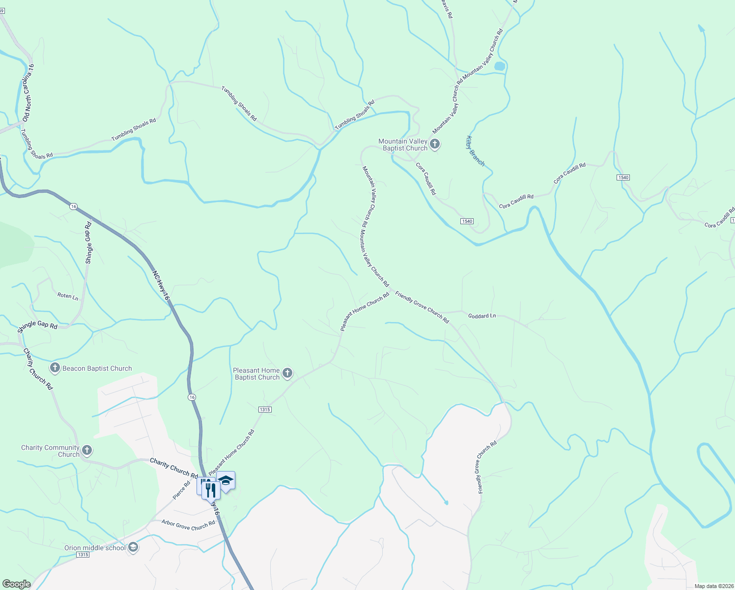 map of restaurants, bars, coffee shops, grocery stores, and more near 1307 Pleasant Home Church Road in Millers Creek