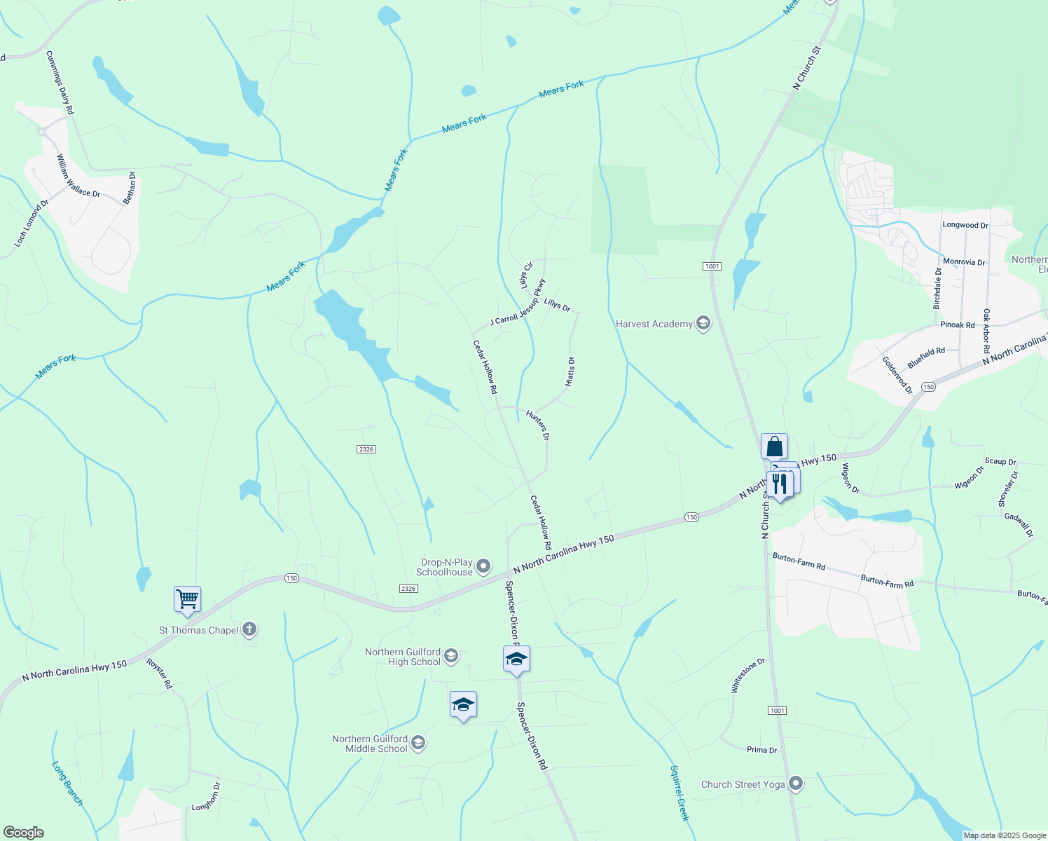 map of restaurants, bars, coffee shops, grocery stores, and more near 8215 Hunters Drive in Greensboro