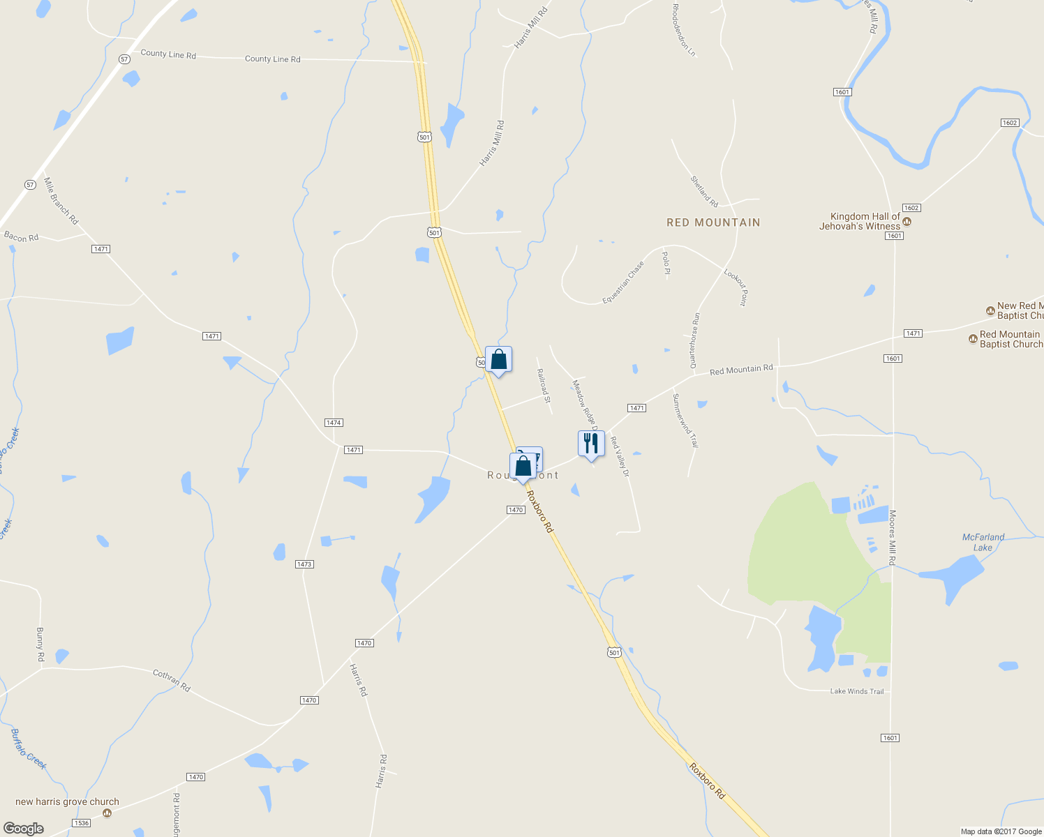 map of restaurants, bars, coffee shops, grocery stores, and more near 13114 Roxboro road in Rougemont