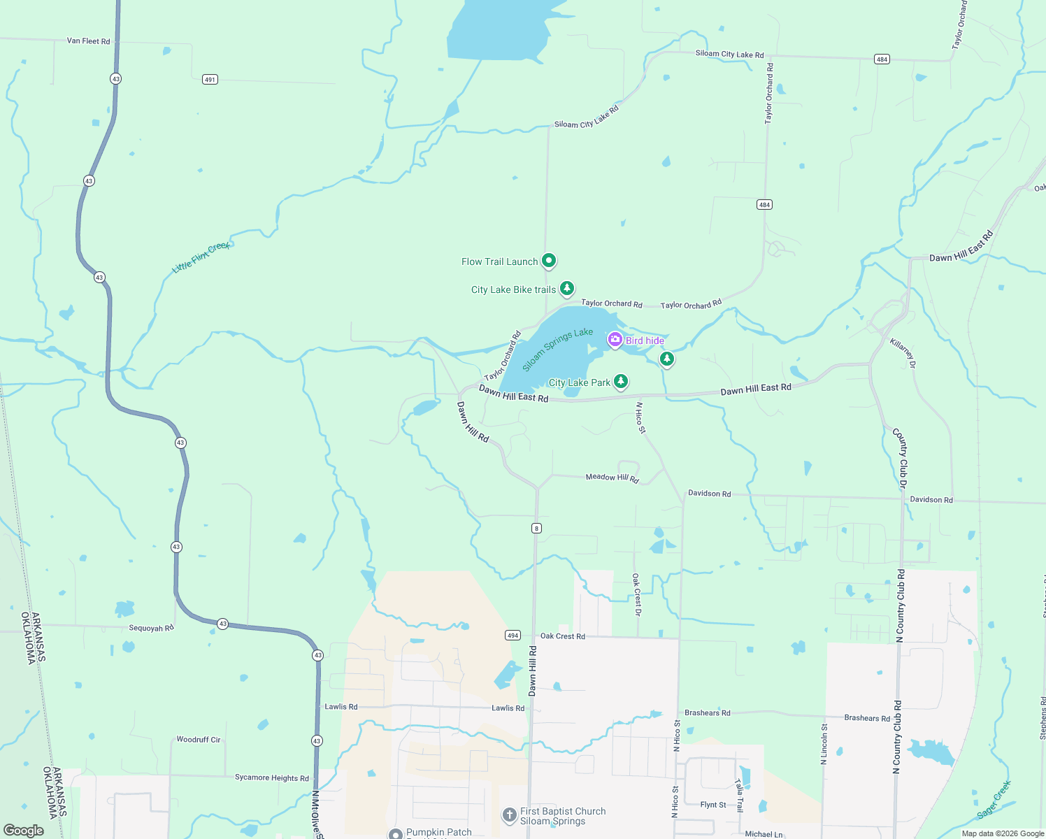 map of restaurants, bars, coffee shops, grocery stores, and more near 14242 Lake Forest Heights Road in Siloam Springs