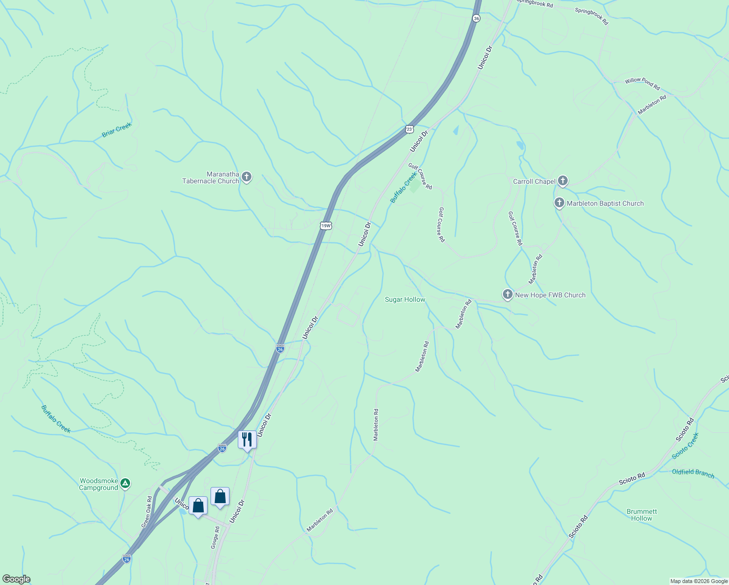 map of restaurants, bars, coffee shops, grocery stores, and more near 112 Meadowbrook Dr in Unicoi