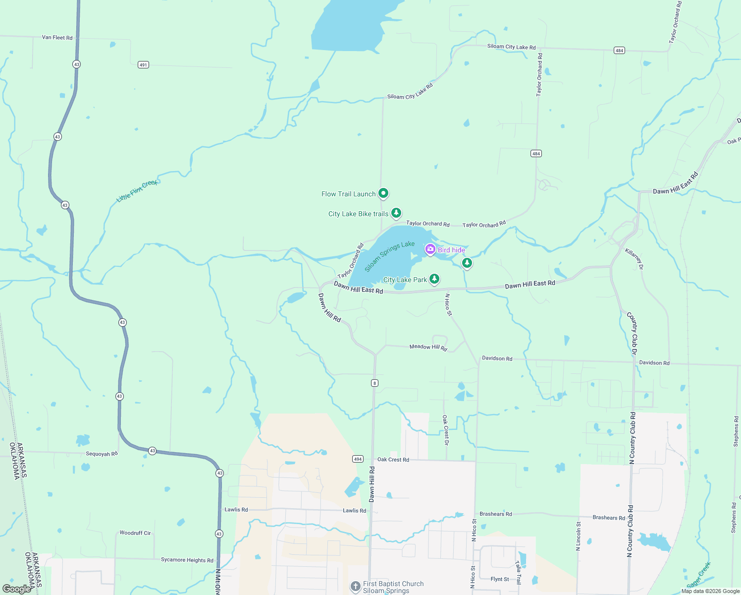 map of restaurants, bars, coffee shops, grocery stores, and more near 14242 Lake Forest Heights Road in Siloam Springs