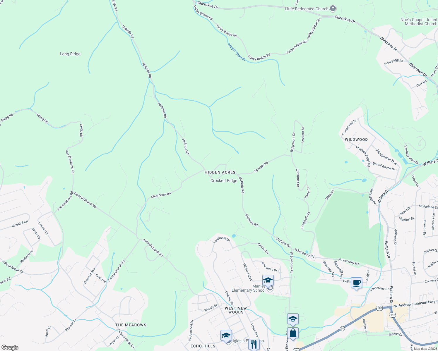 map of restaurants, bars, coffee shops, grocery stores, and more near 1656 McBride Road in Morristown