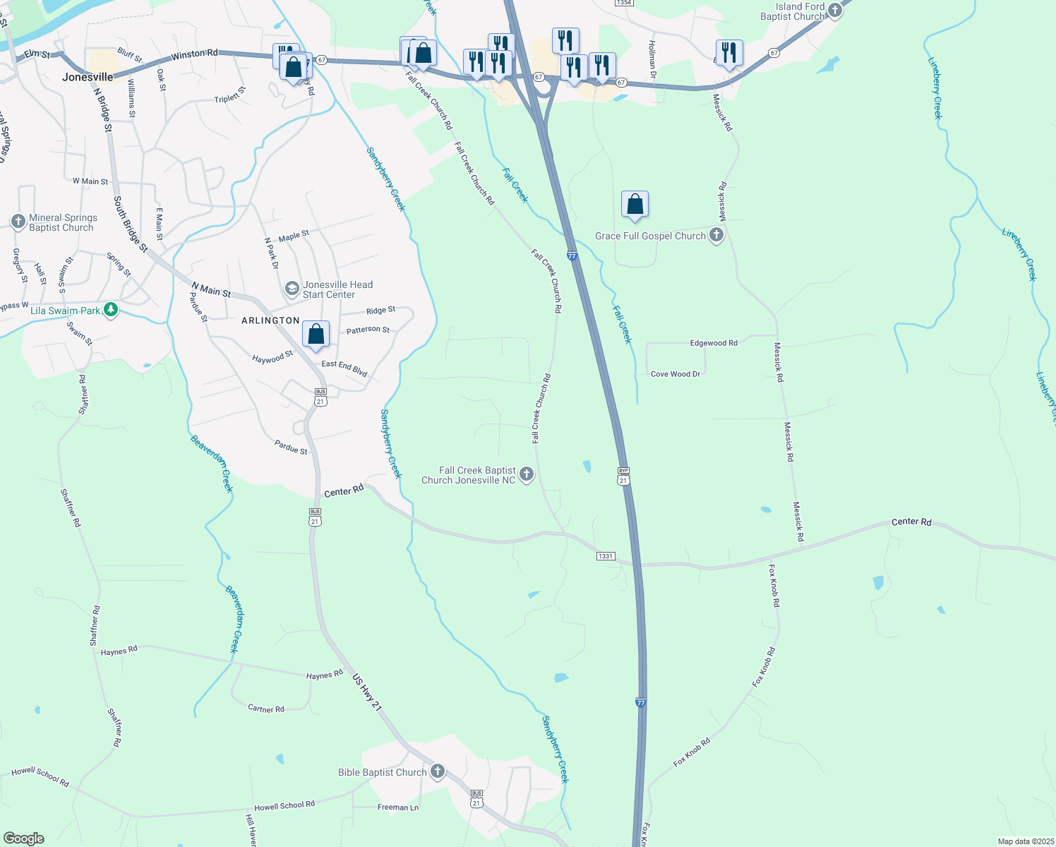 map of restaurants, bars, coffee shops, grocery stores, and more near 3429 Fall Creek Church Road in Jonesville