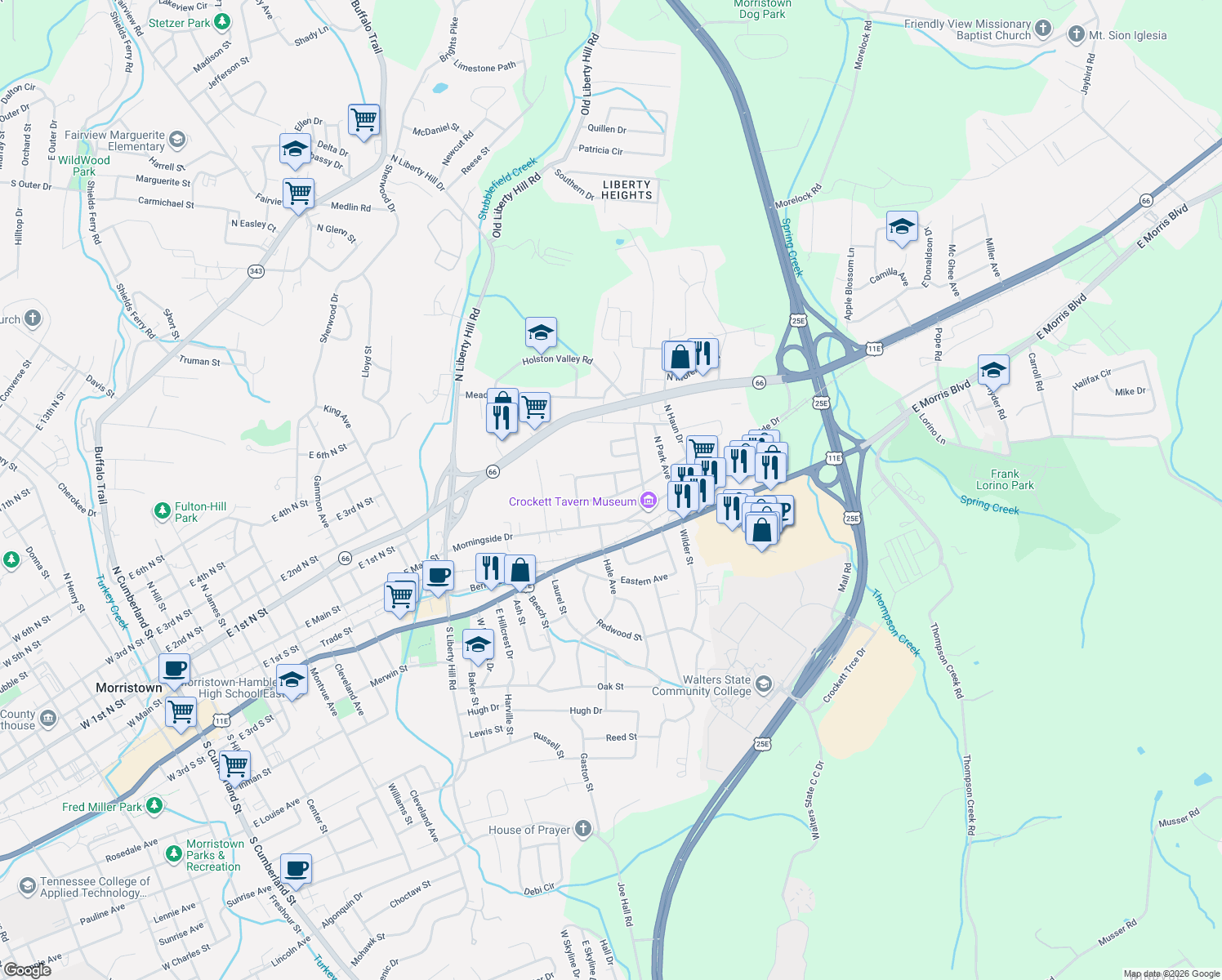 map of restaurants, bars, coffee shops, grocery stores, and more near 1855 Magnolia Ave in Morristown