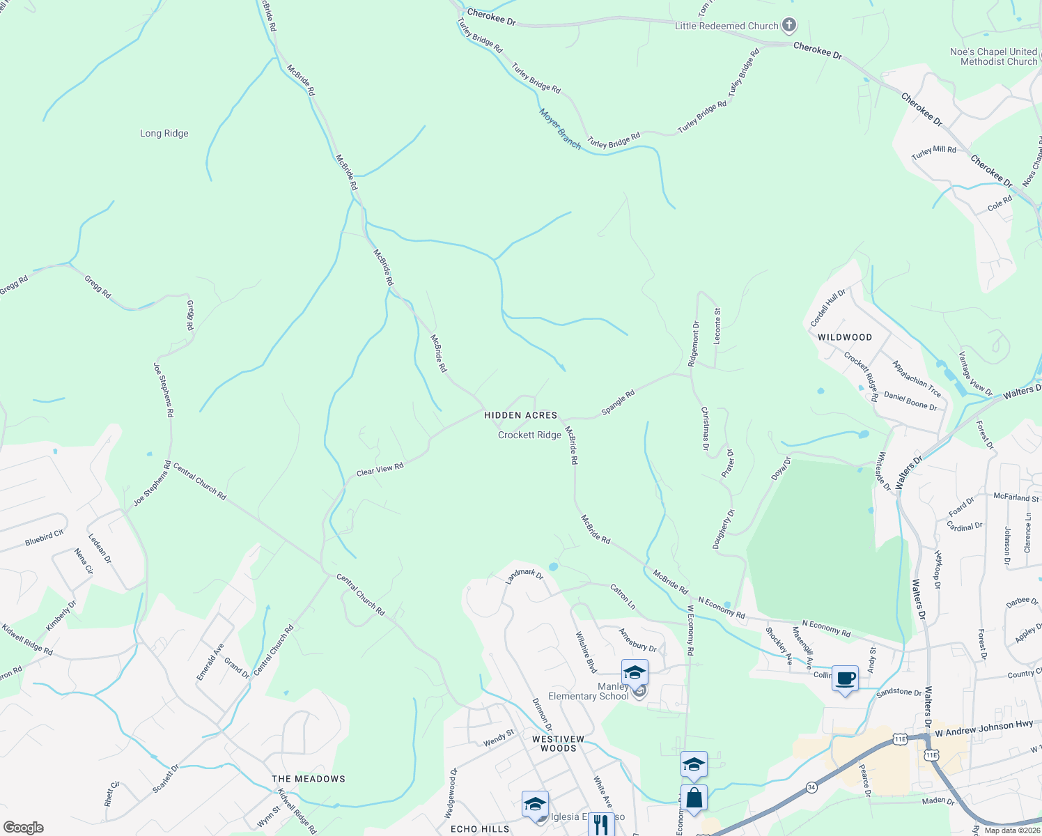 map of restaurants, bars, coffee shops, grocery stores, and more near 1656 McBride Road in Morristown