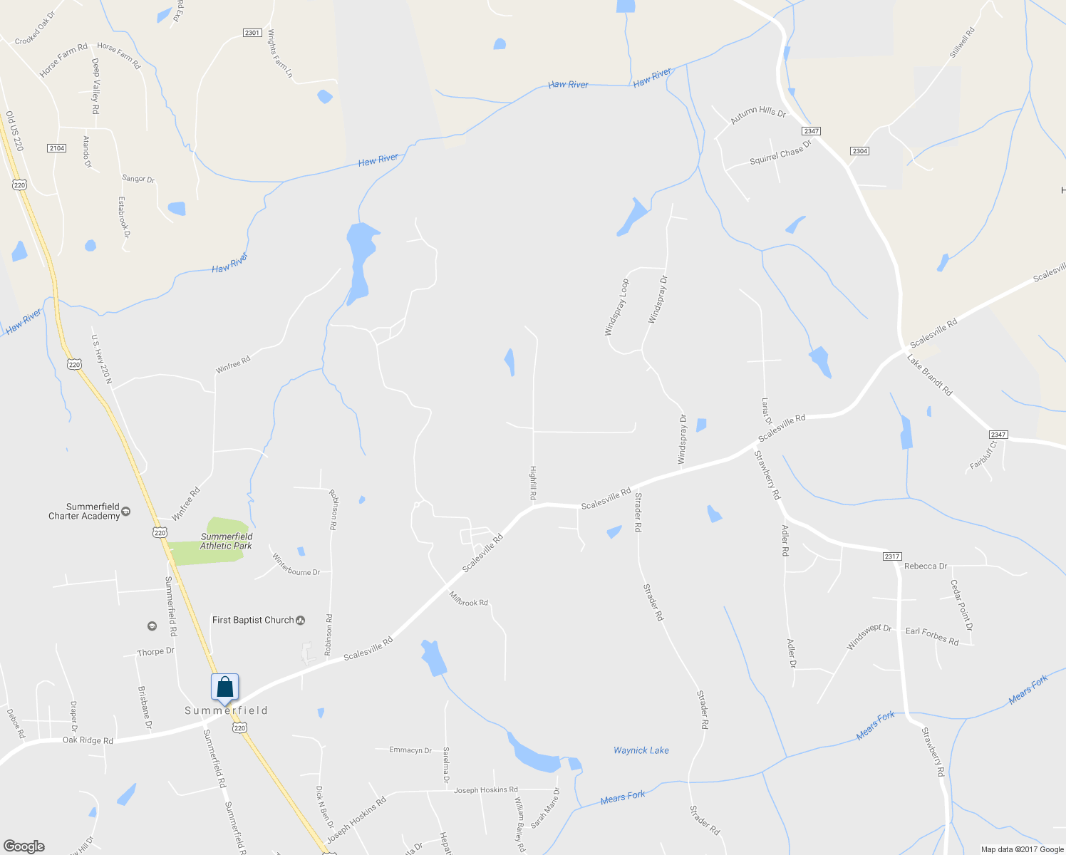 map of restaurants, bars, coffee shops, grocery stores, and more near 7931 Highfill Road in Summerfield